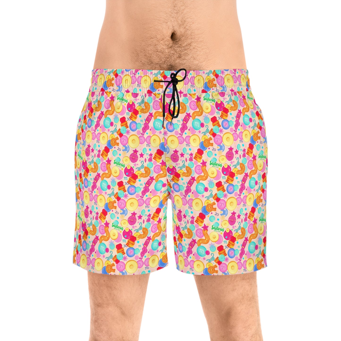 Men's Mid-Length Swim Shorts, (AOP), Sagittarius, Zodiac v1, Bubble Pattern