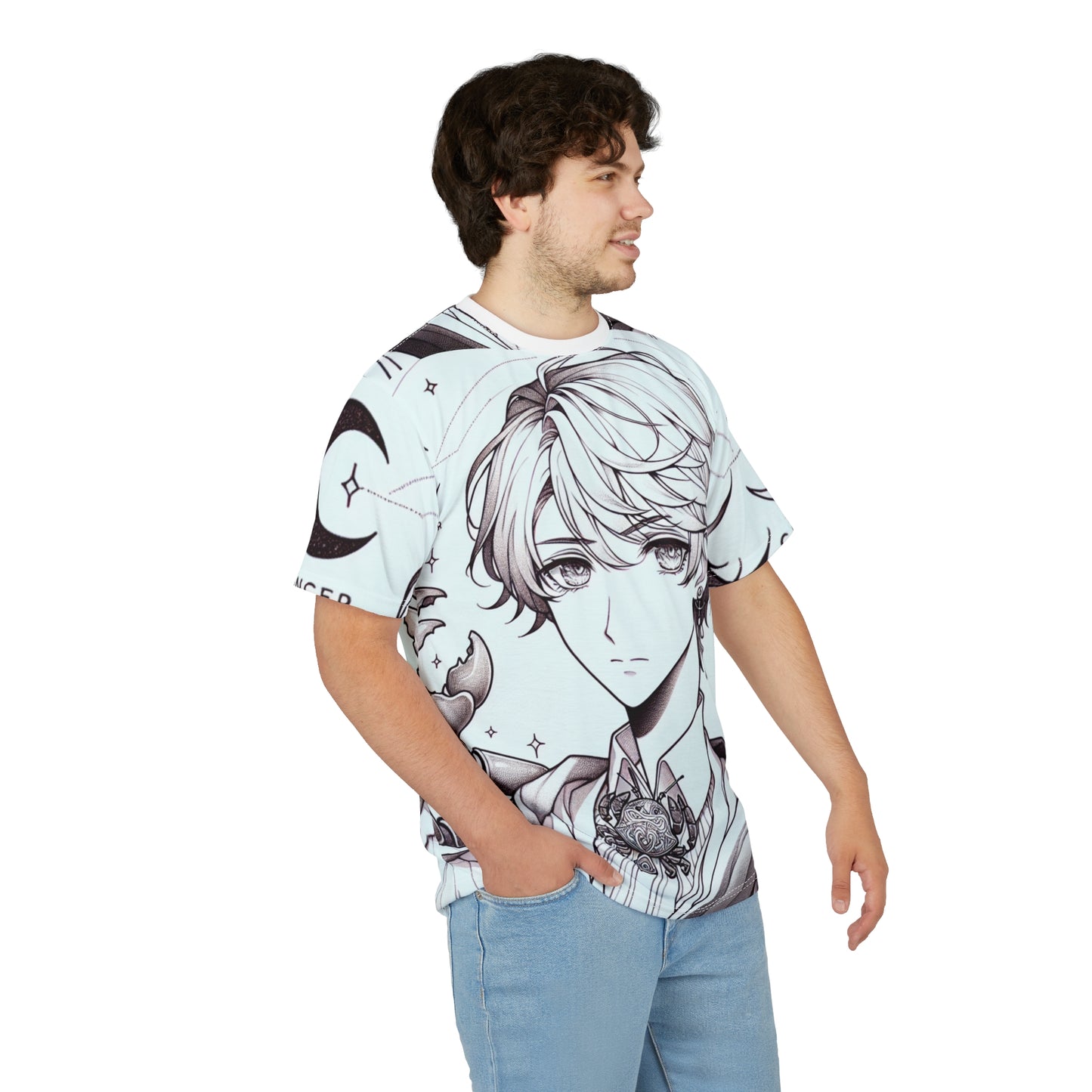 Unisex Cut & Sew T-Shirt (AOP), Anime Character, Cancer Zodiac Design, Regular fit, 100% Polyester