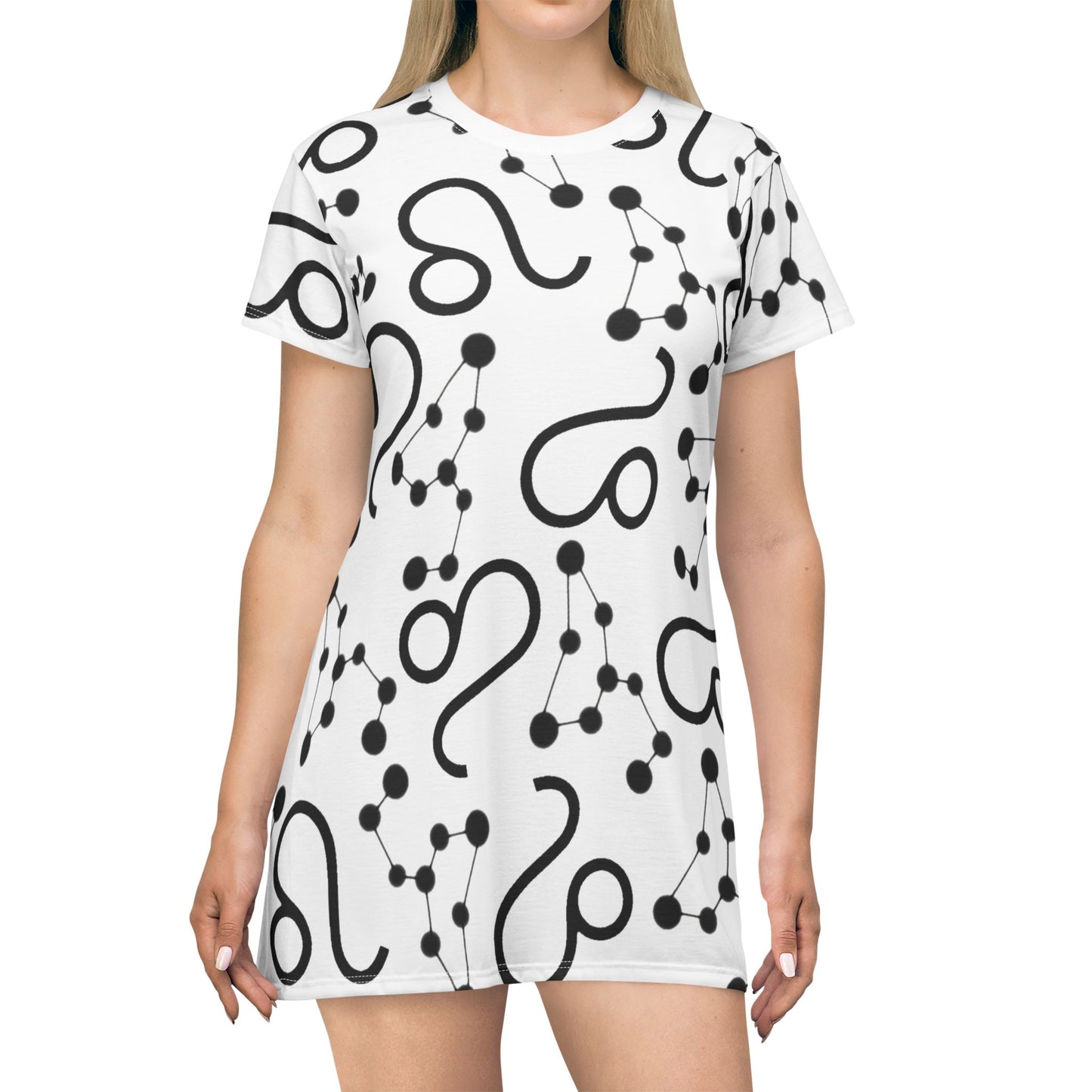 T-Shirt Dress (AOP), 100% Polyester, White thread color, Leo Zodiac design