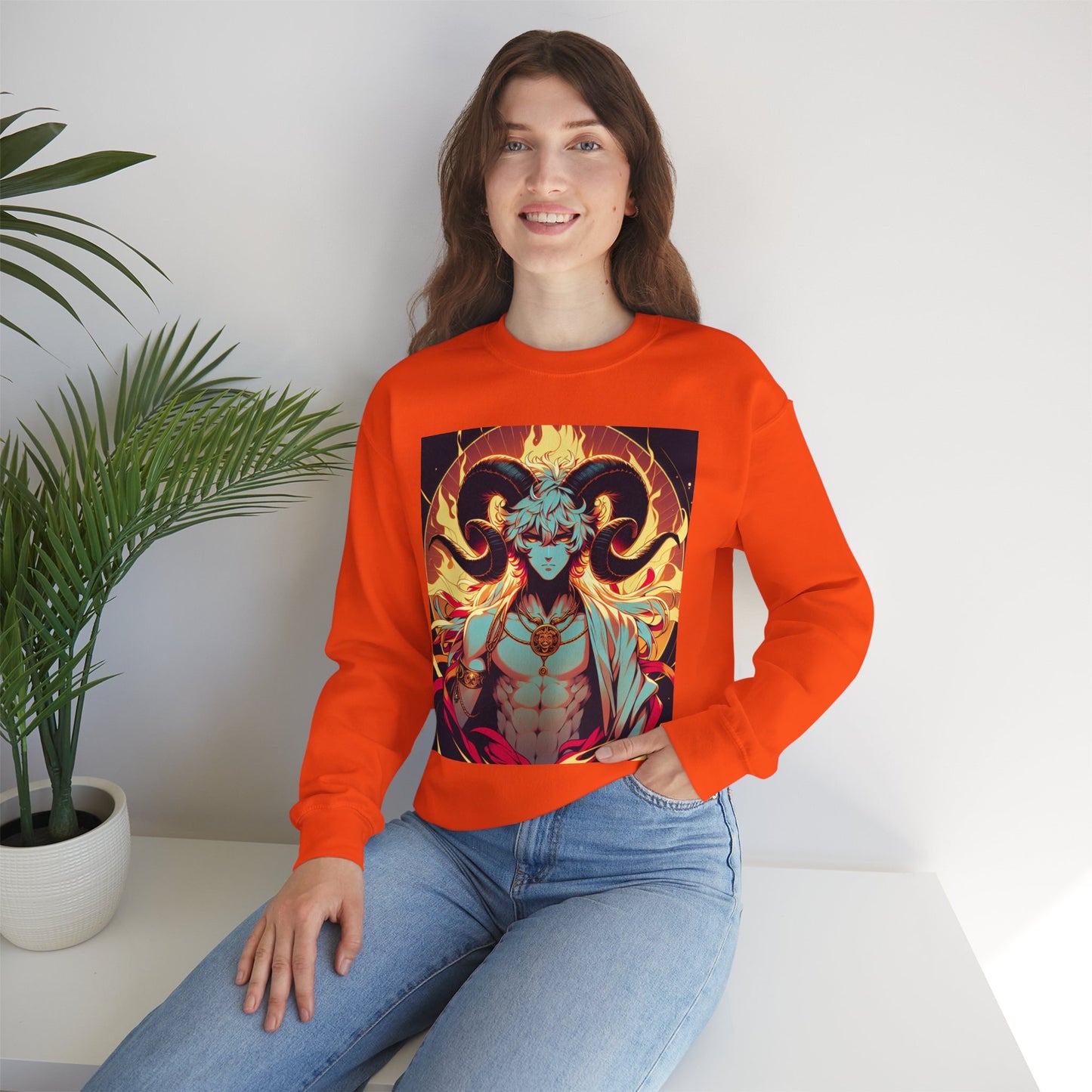 Unisex Heavy Blend™ Crewneck Sweatshirt, Anime Fire Aries, Zodiac Design