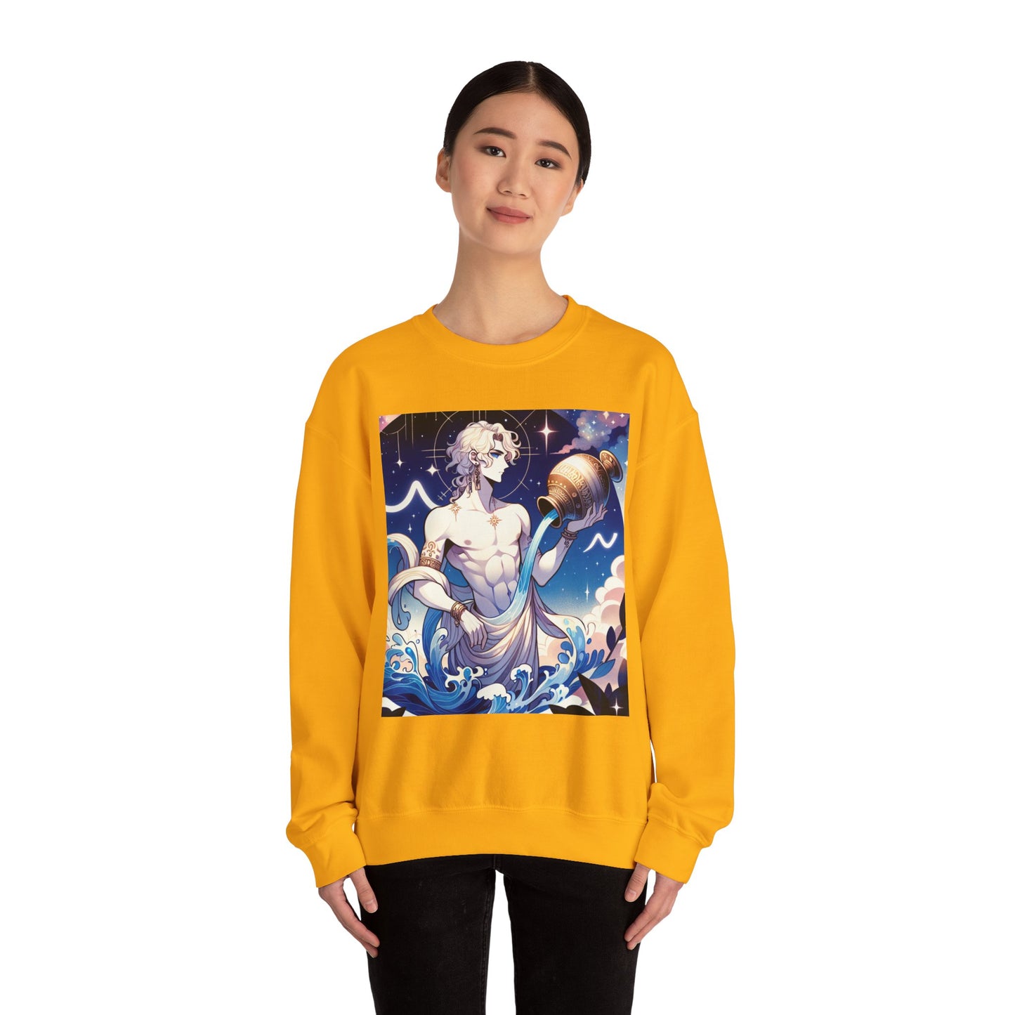 Unisex Heavy Blend™ Crewneck Sweatshirt, Anime Aqua God, Aquarius Zodiac Design