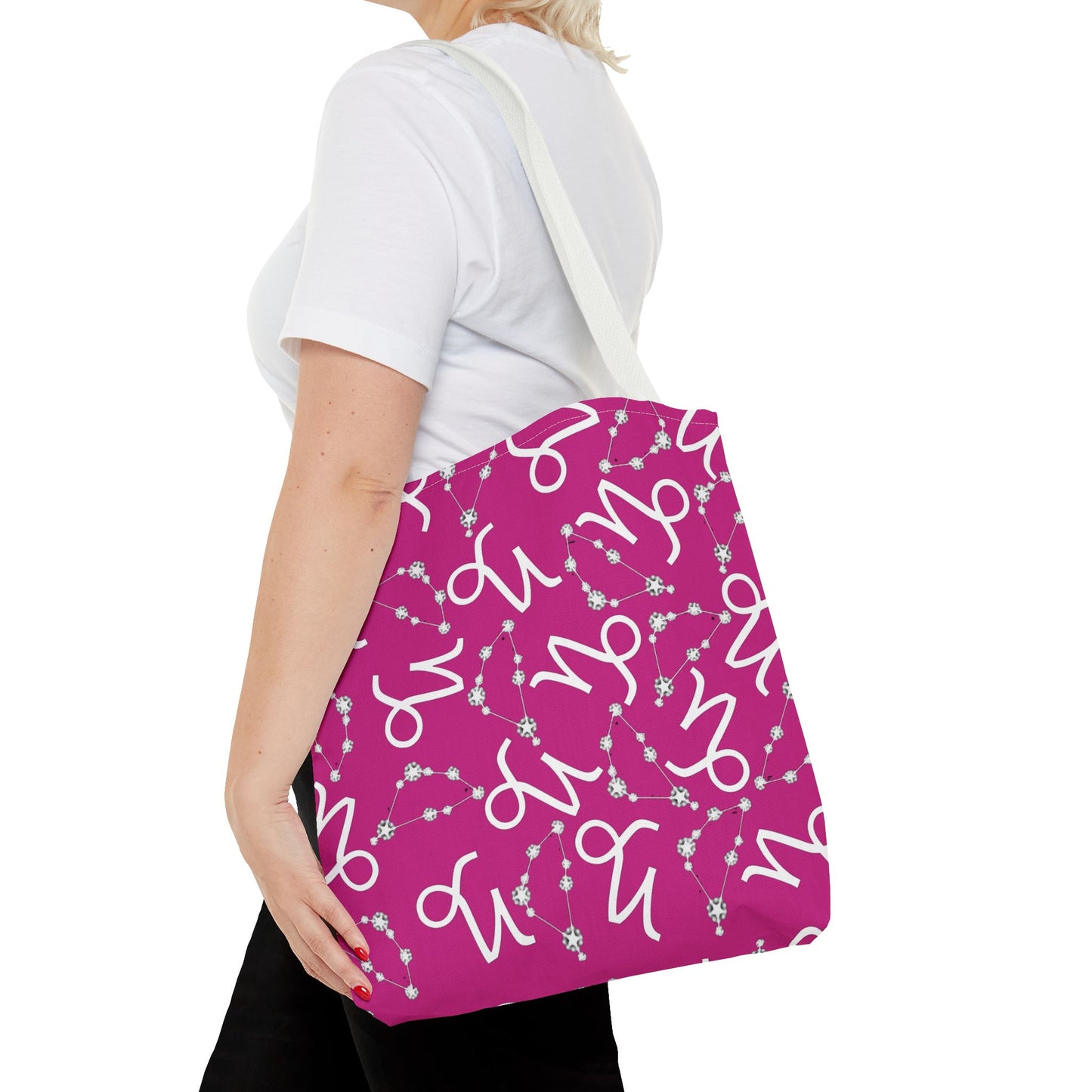 Tote Bag, Capricorn Zodiac Sign, AOP, (Pink, White)