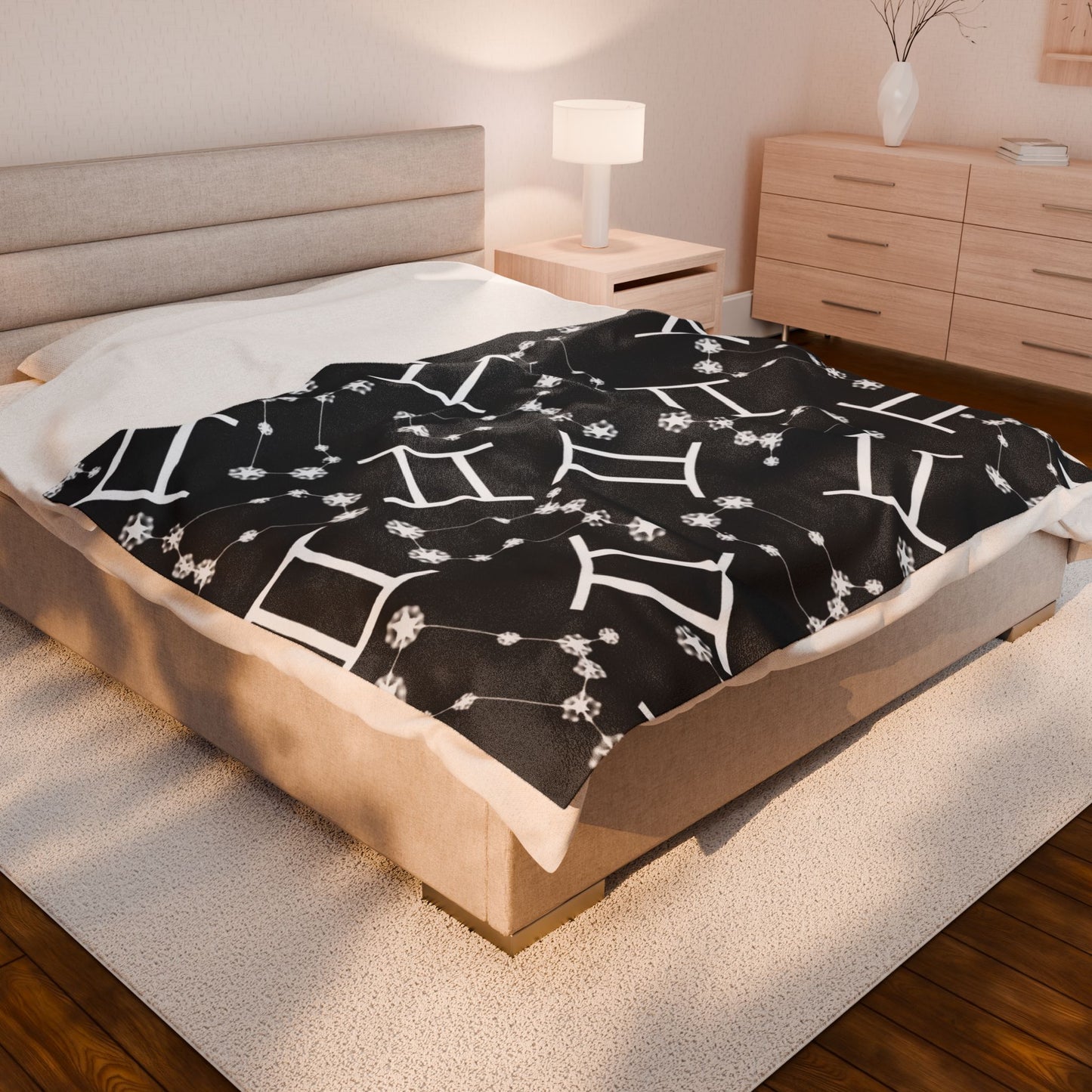 Velveteen Plush Blanket, Gemini Zodiac Sign, Constellation & Symbol, Black, 100% polyester