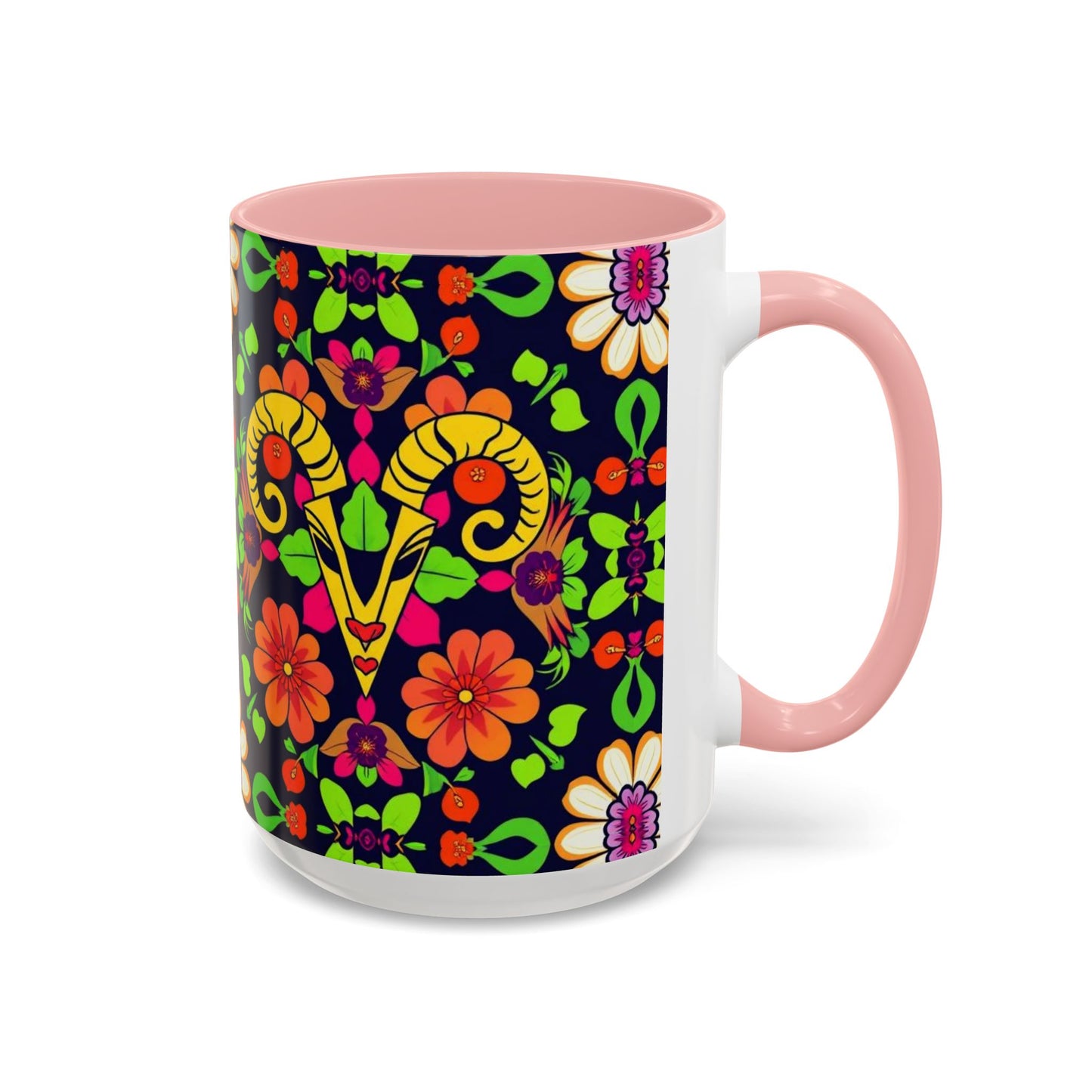 Accent Coffee Mug, Aries, Zodiac v2, Flower Pattern, (11, 15oz)