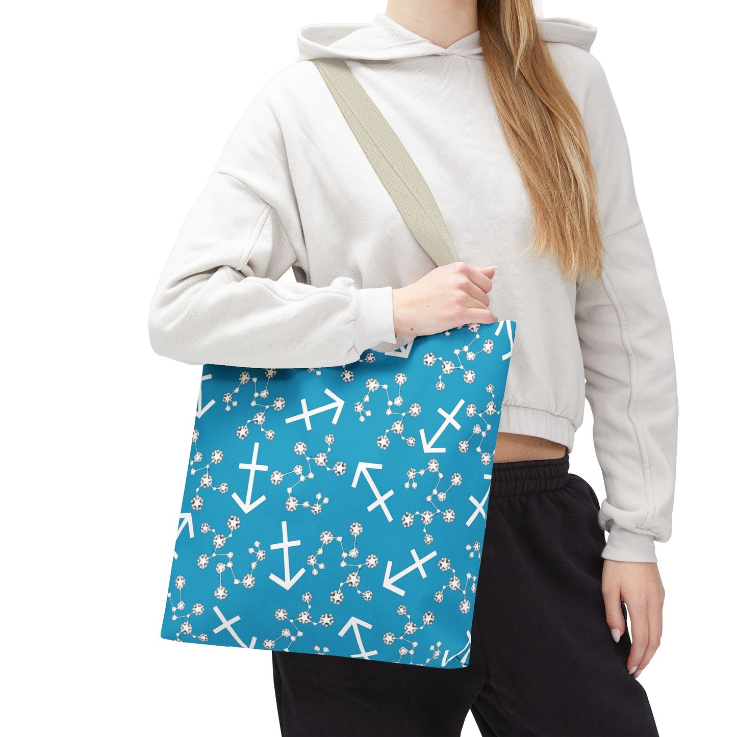 Tote Bag, Sagittarius Zodiac Sign, AOP, (Turquoise, White Print)