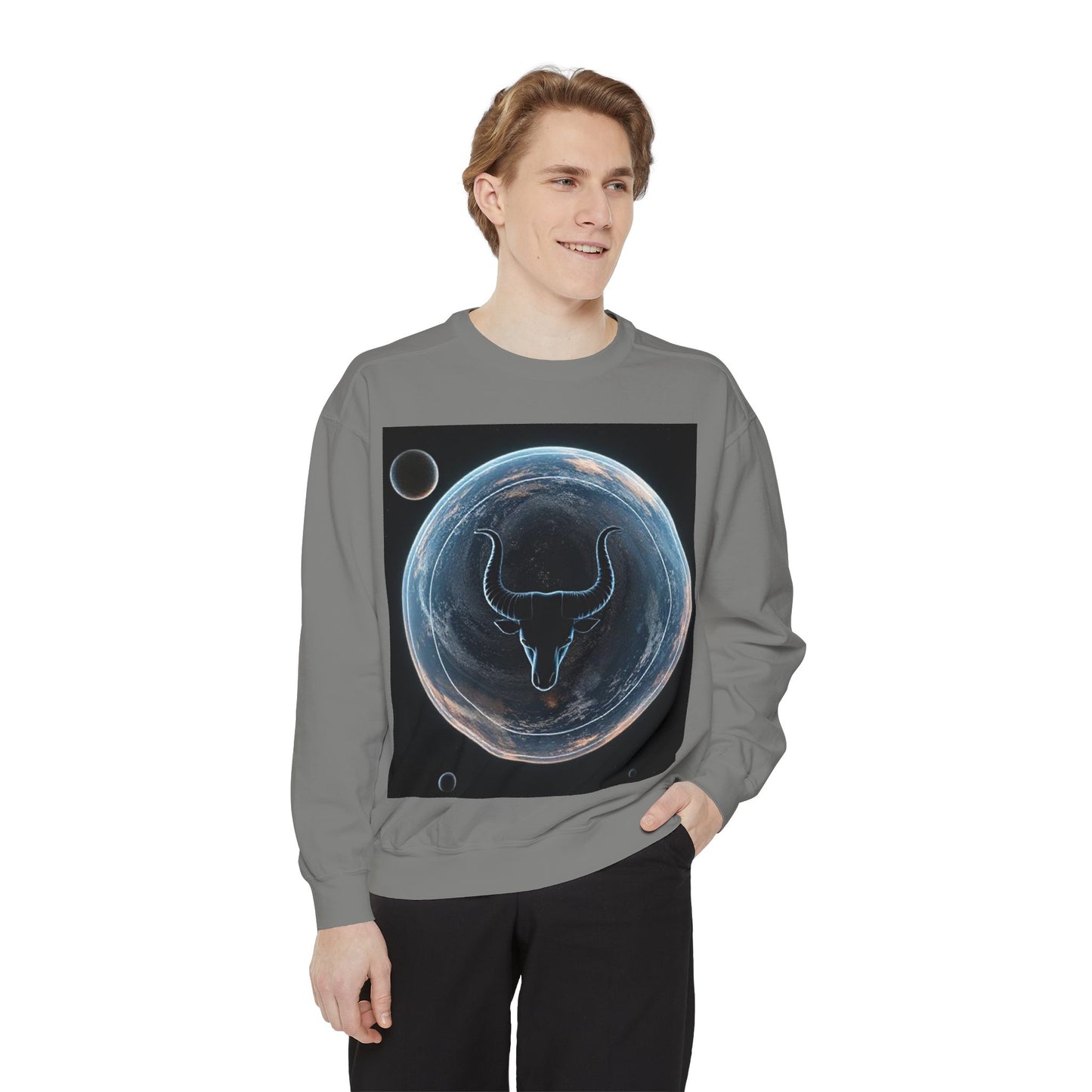 Garment-Dyed Sweatshirt, Unisex, Space Animal Design, Taurus