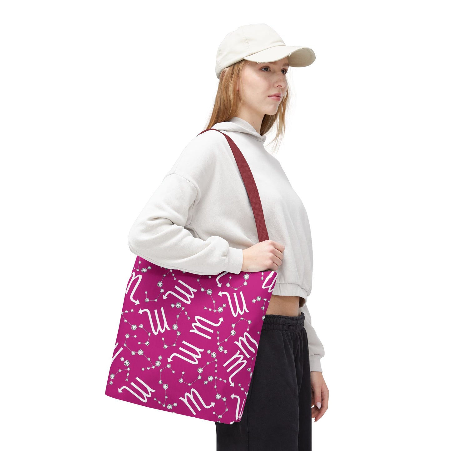 Tote Bag, Scorpio Zodiac Sign, AOP, (Pink, White)