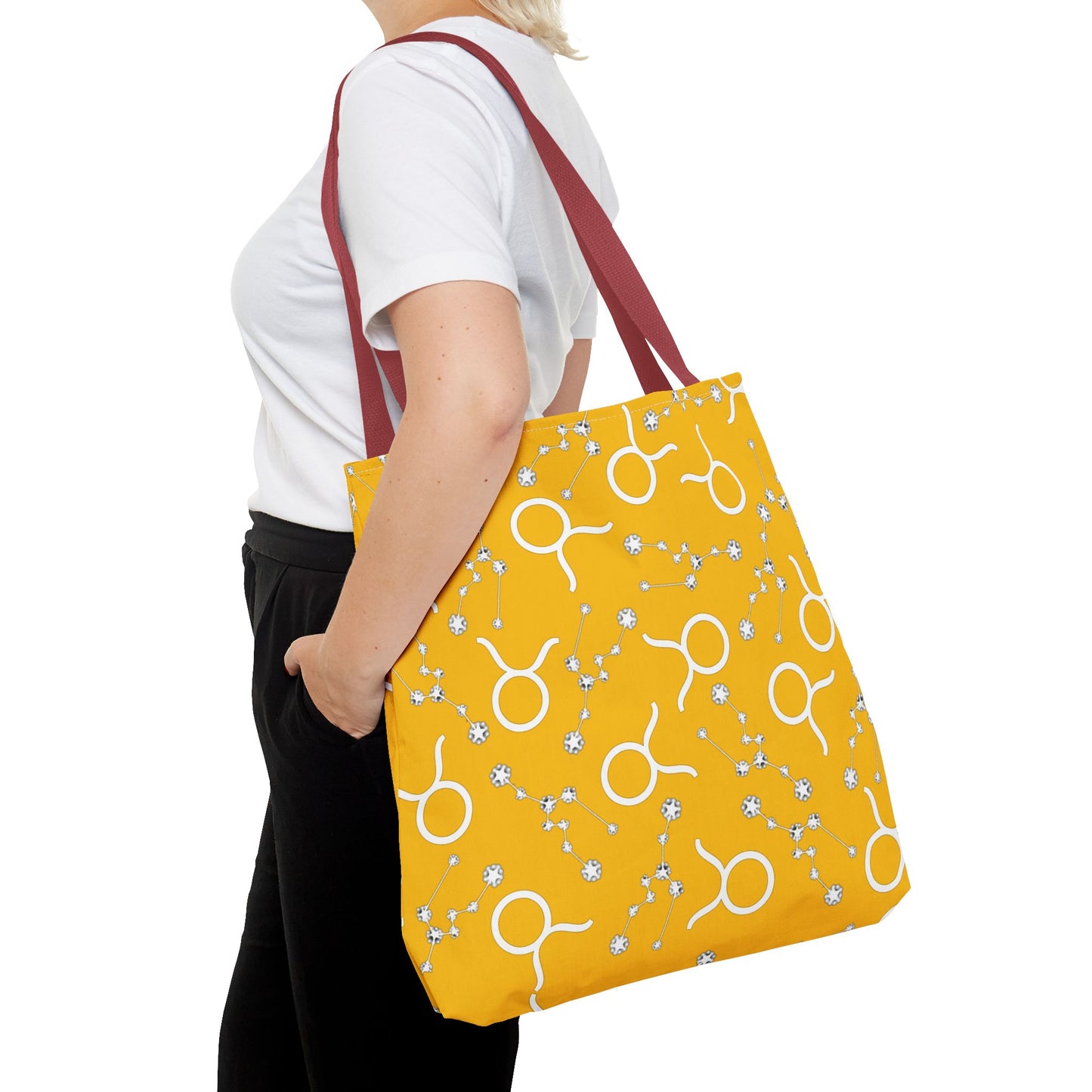 Tote Bag, Taurus Zodiac Sign, AOP, (Yellow, White)