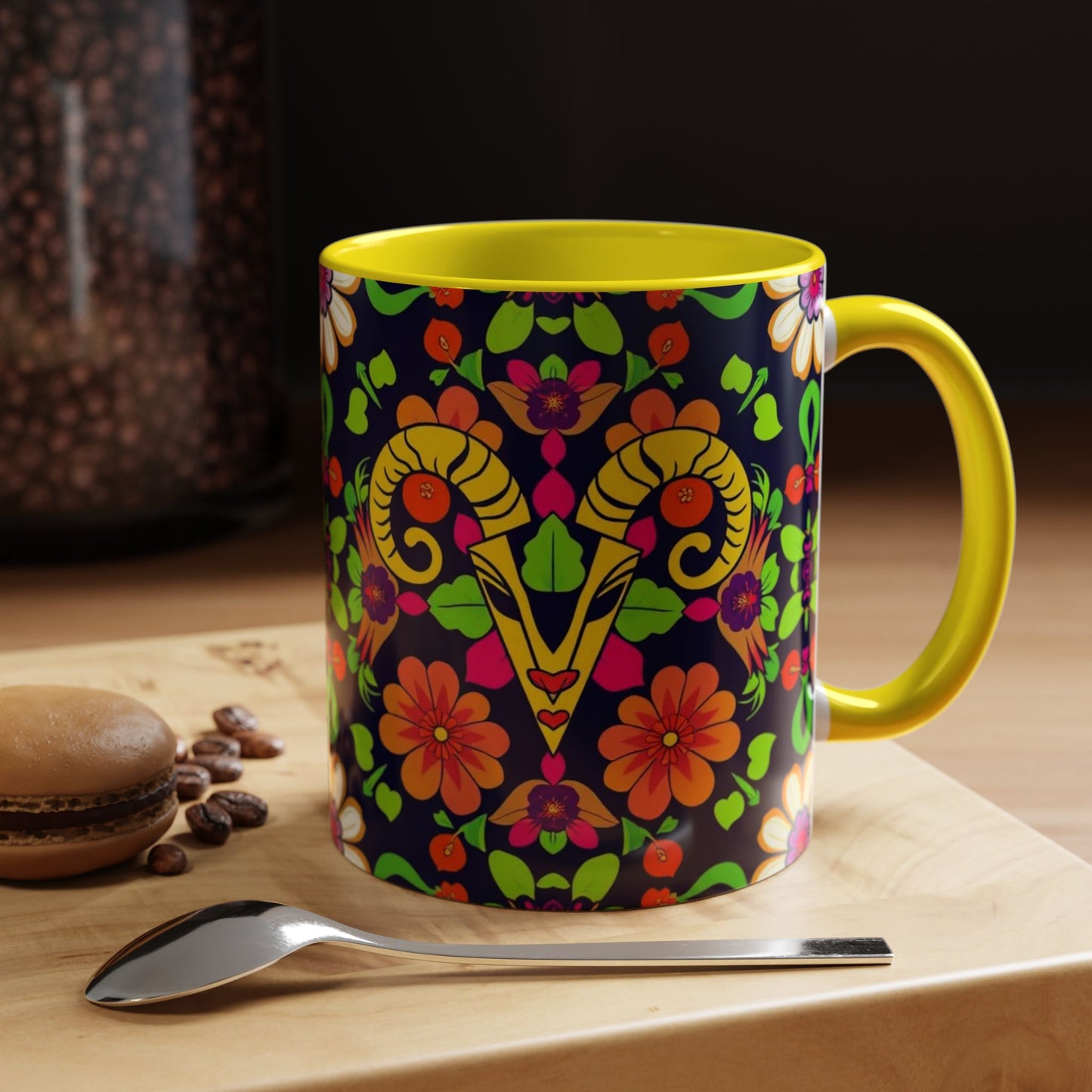 Accent Coffee Mug, Aries, Zodiac v2, Flower Pattern, (11, 15oz)