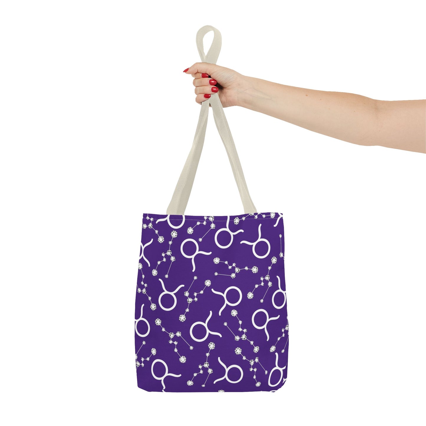 Tote Bag, Taurus Zodiac Sign, AOP, (Purple, White)