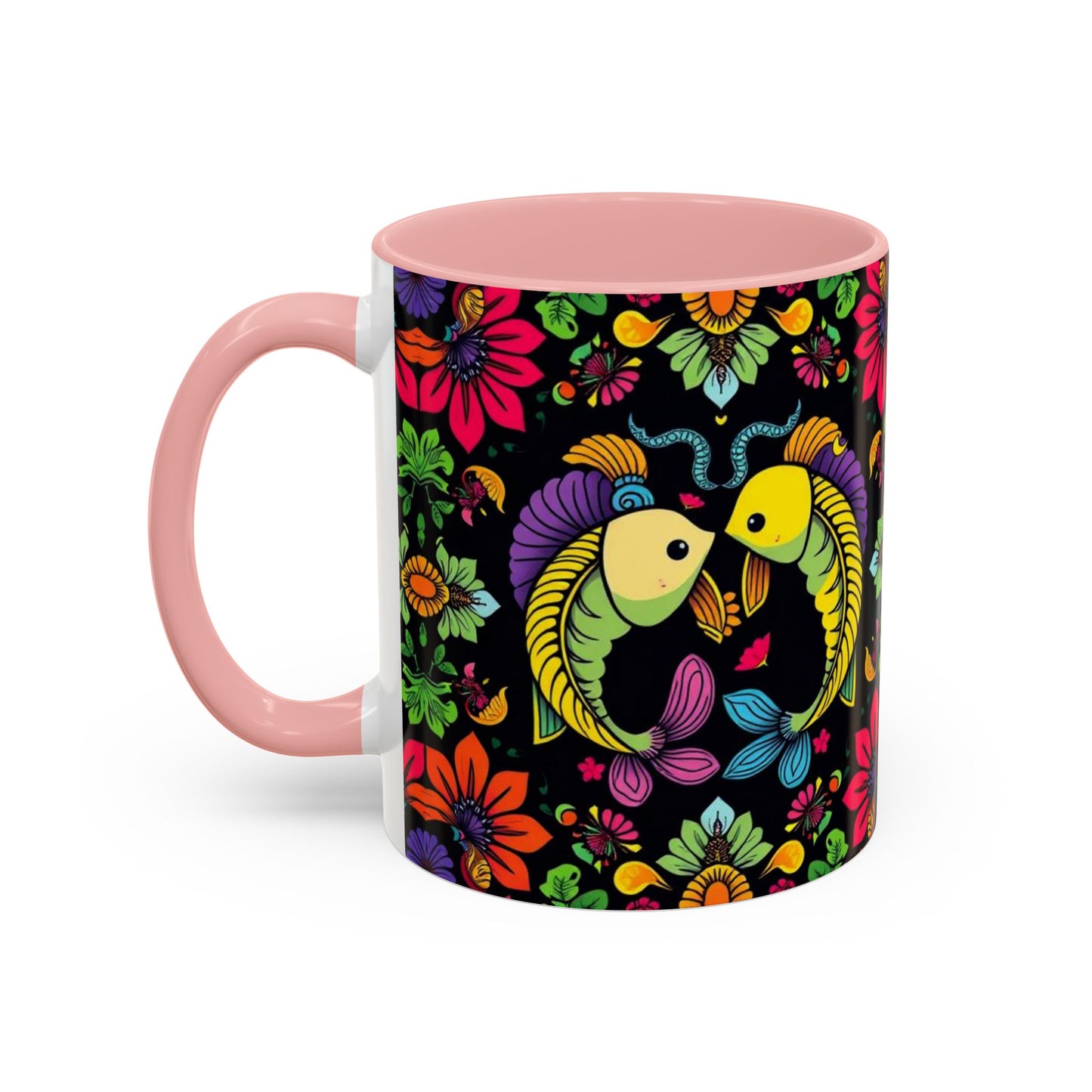 Accent Coffee Mug, Pisces, Zodiac v3, Flower Pattern, (11, 15oz)
