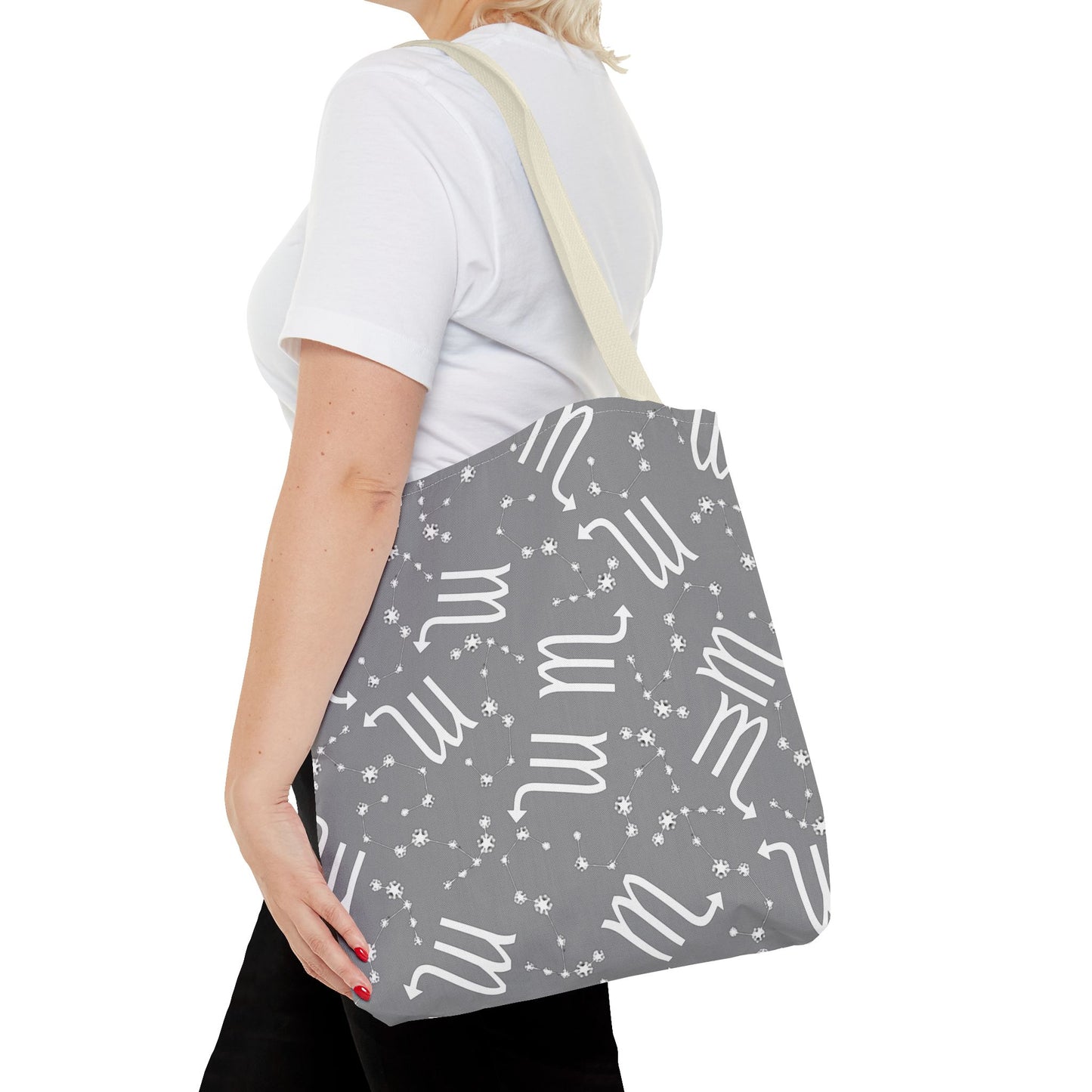 Tote Bag, Scorpio Zodiac Sign, AOP, (Grey, White)