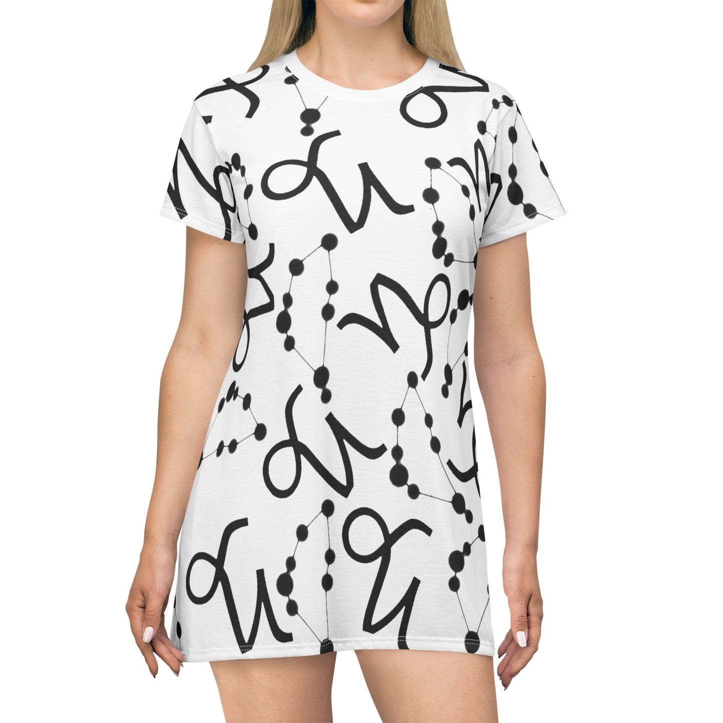 T-Shirt Dress (AOP), 100% Polyester, White thread color, Capricorn Zodiac design