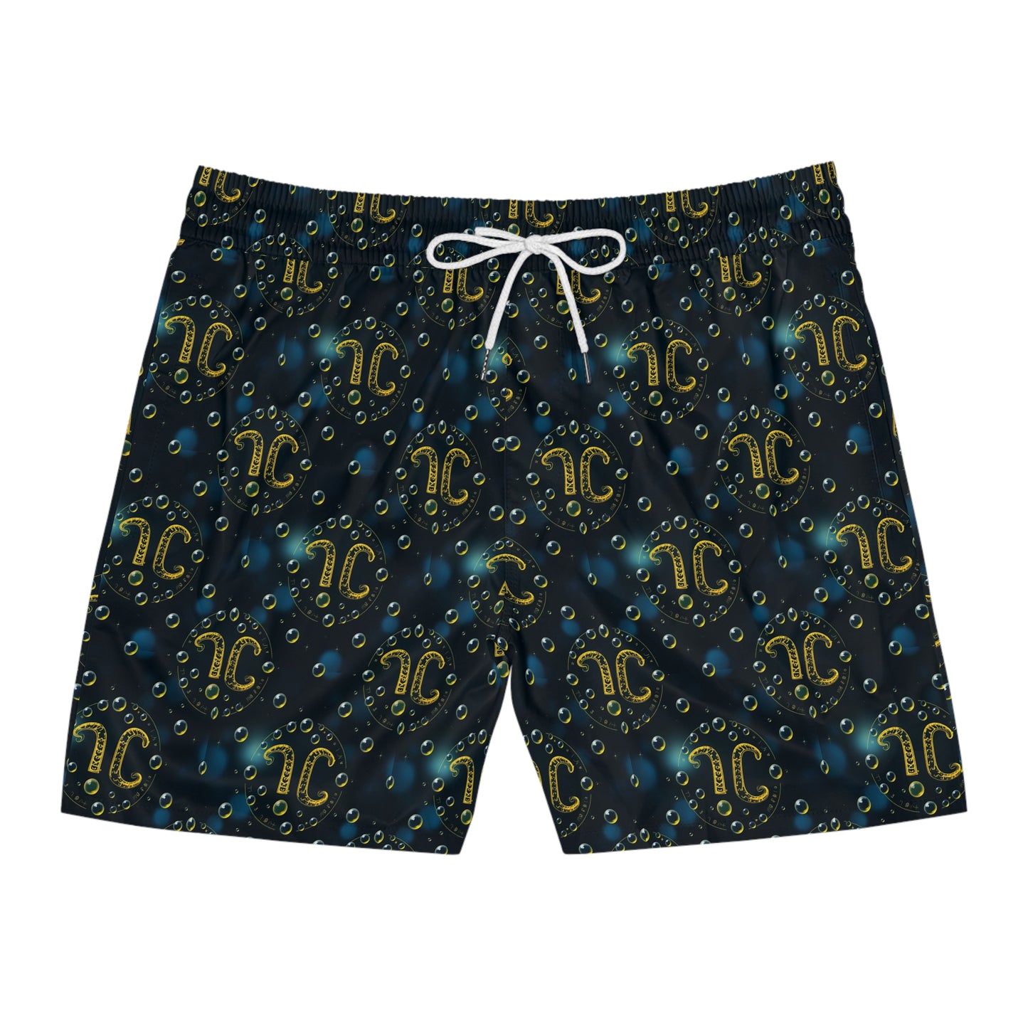 Men's Mid-Length Swim Shorts, (AOP), Aquarius, Zodiac v1, Bubble Pattern