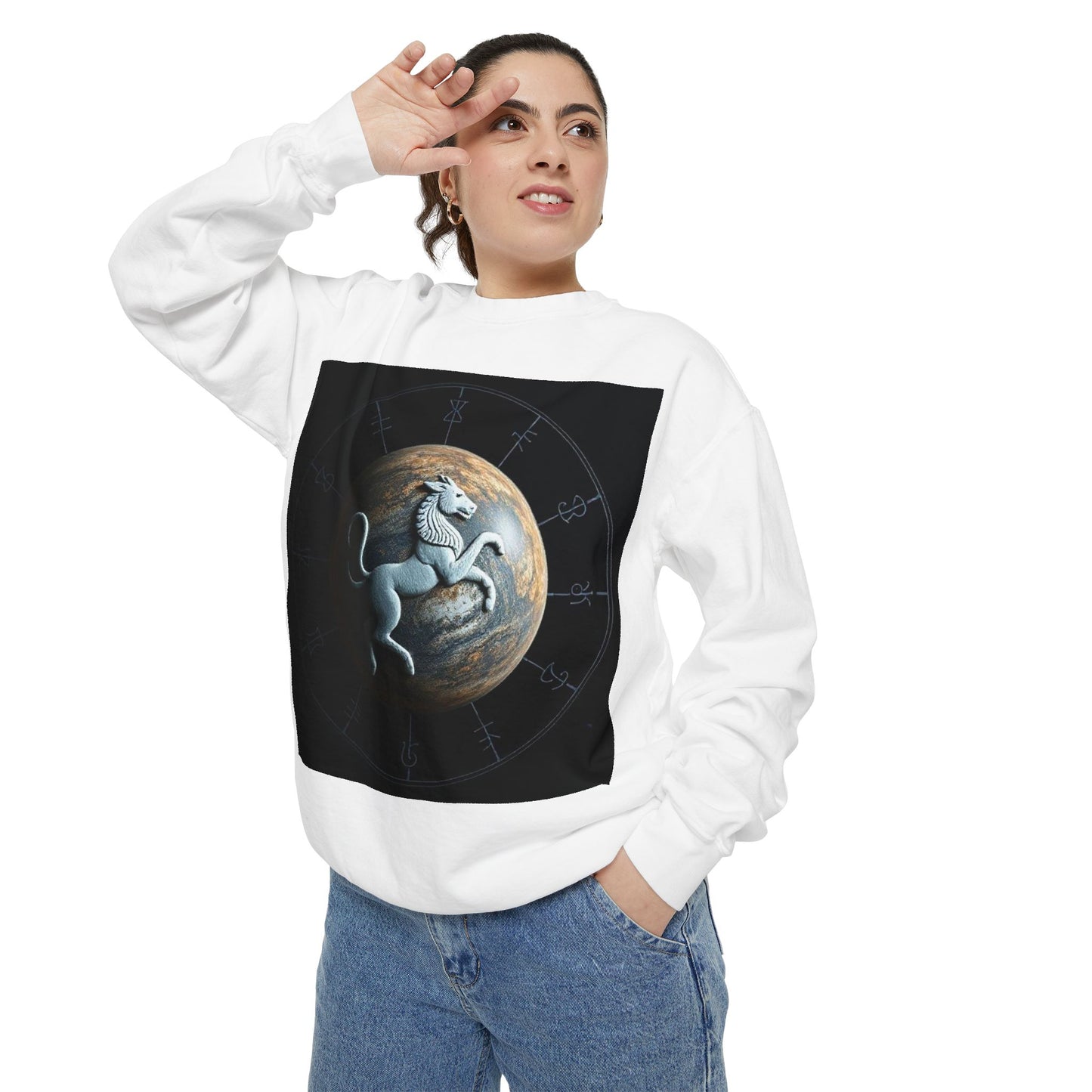 Garment-Dyed Sweatshirt, Unisex, Space Animal Design, Aquarius