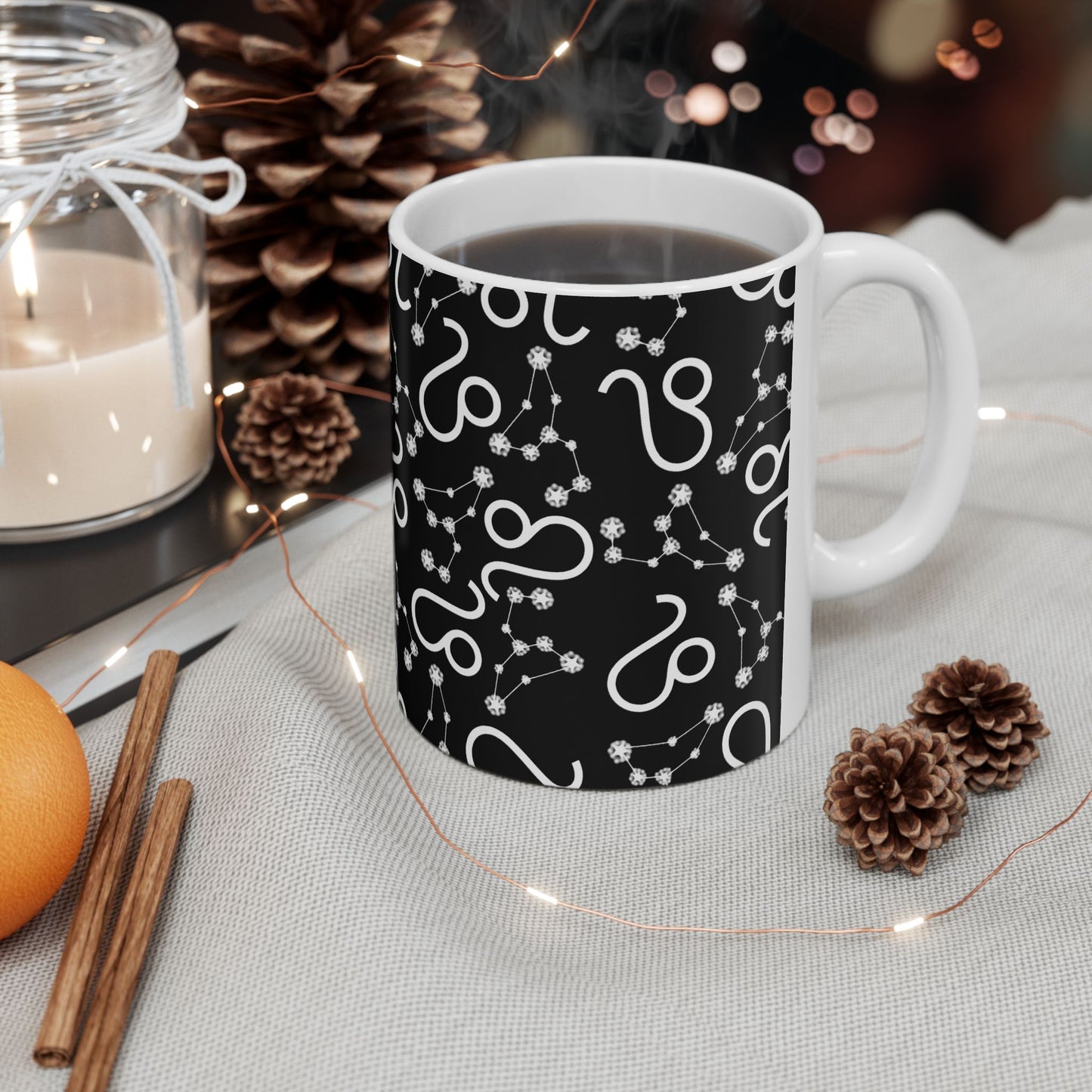 Ceramic Mug, (11oz, 15oz), Ceramic Coffee Mug, Black AOP, Leo Zodiac Design