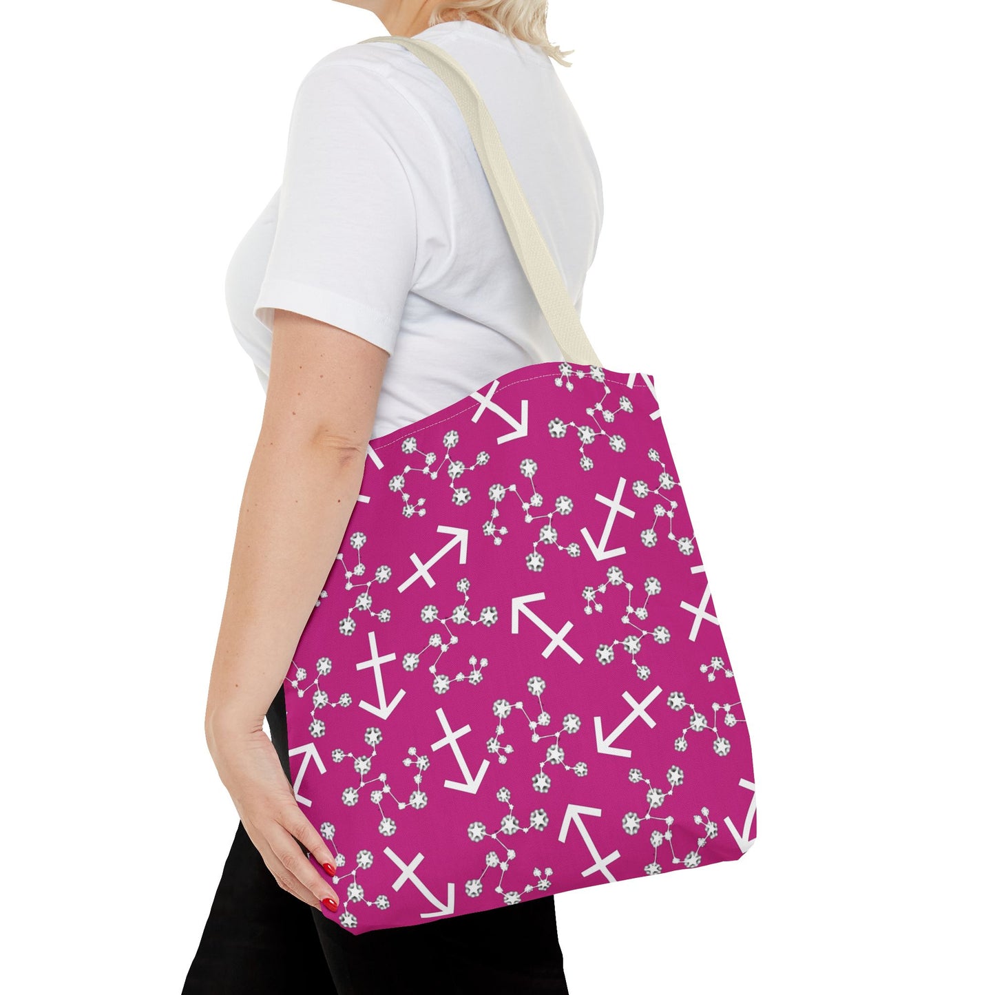 Tote Bag, Sagittarius Zodiac Sign, AOP, (Pink, White Print)
