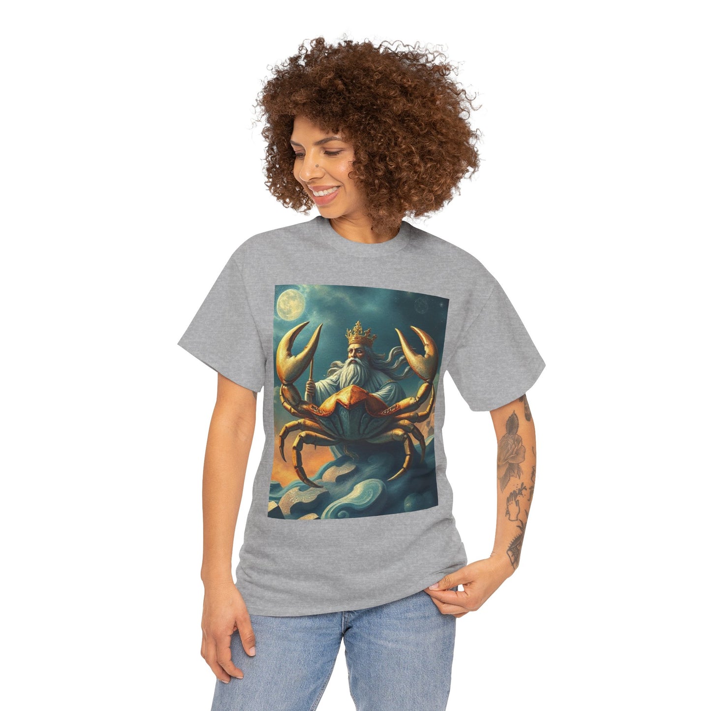 Unisex Heavy Cotton T-Shirt, Crustacean King v1, Cancer Zodiac Design