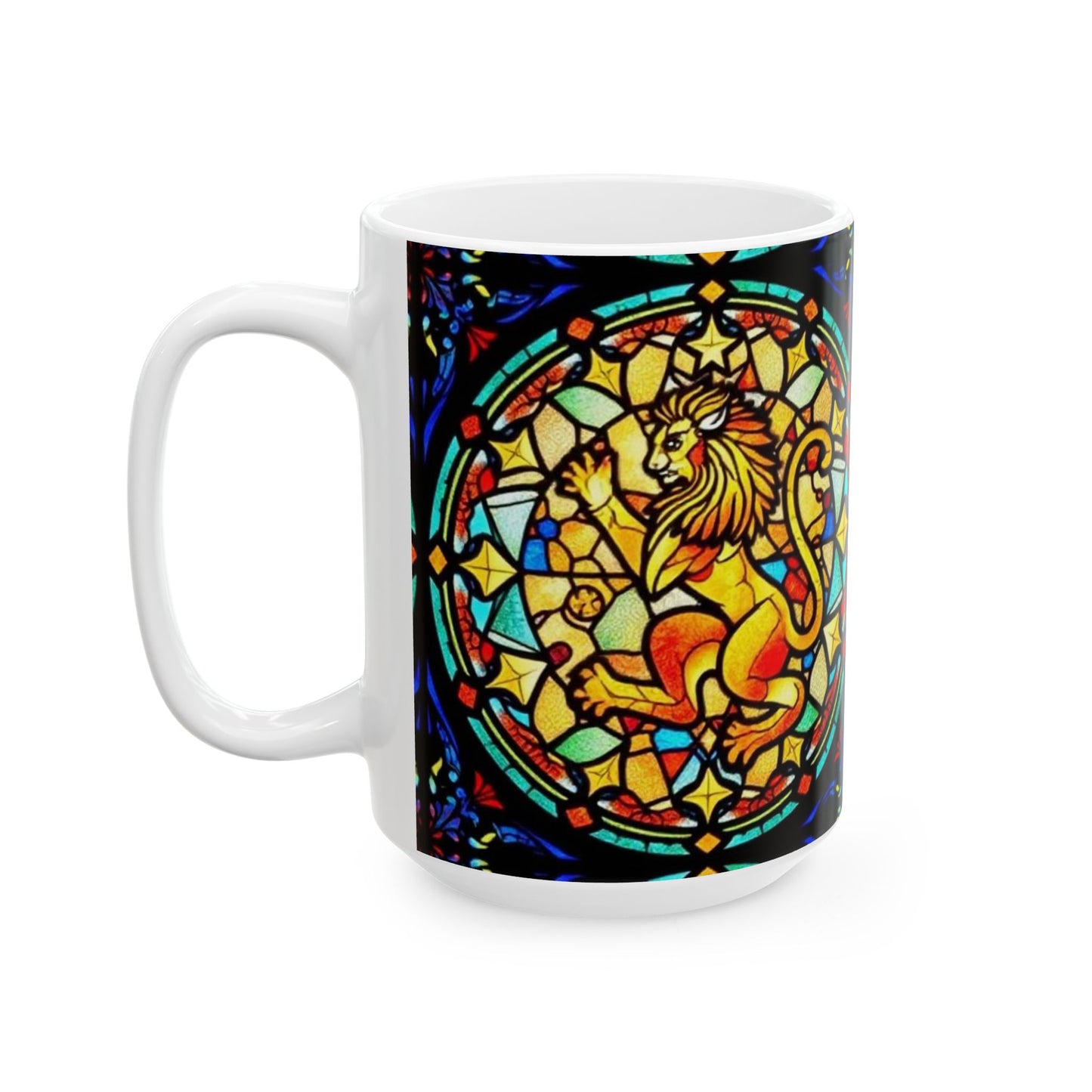 Ceramic Mug, (11oz, 15oz), Glass Design v1, AOP, Leo Zodiac Sign
