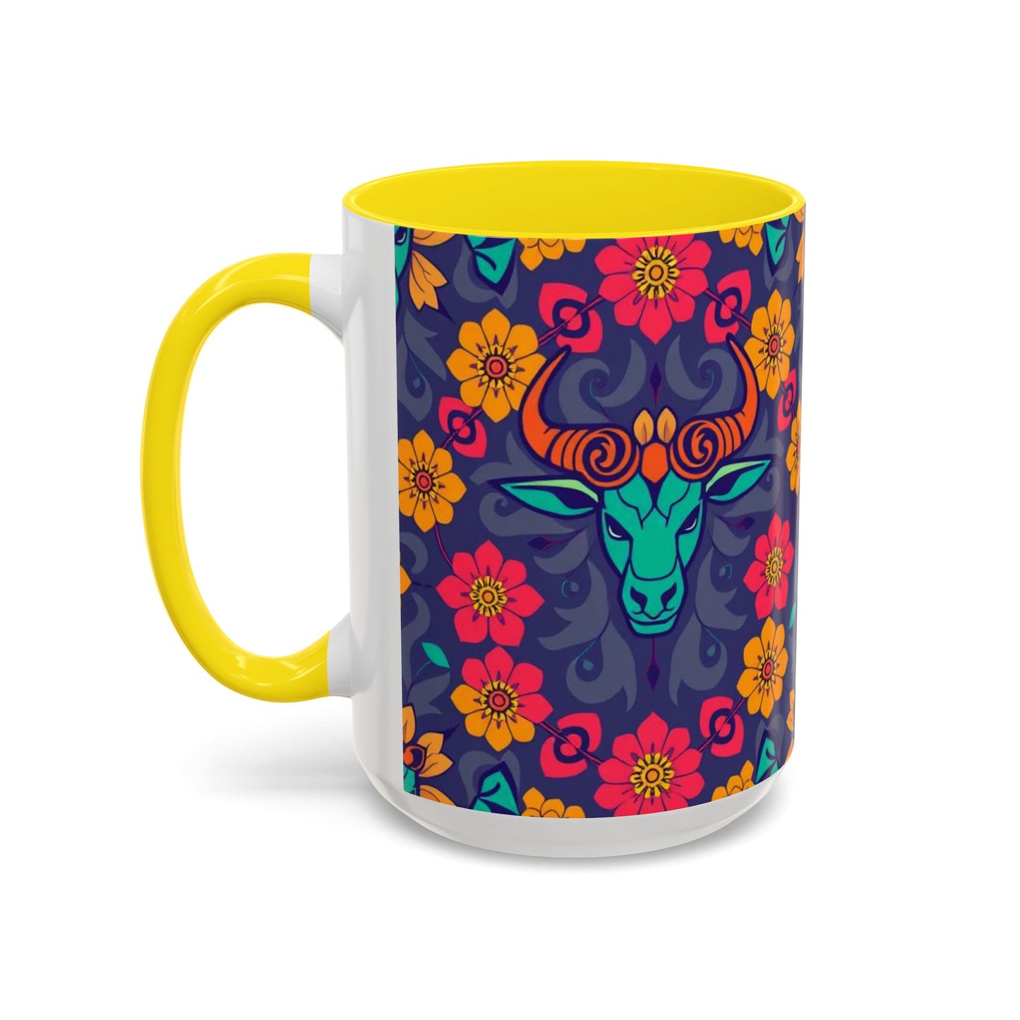 Accent Coffee Mug, Taurus, Zodiac. Flower Pattern, (11, 15oz)