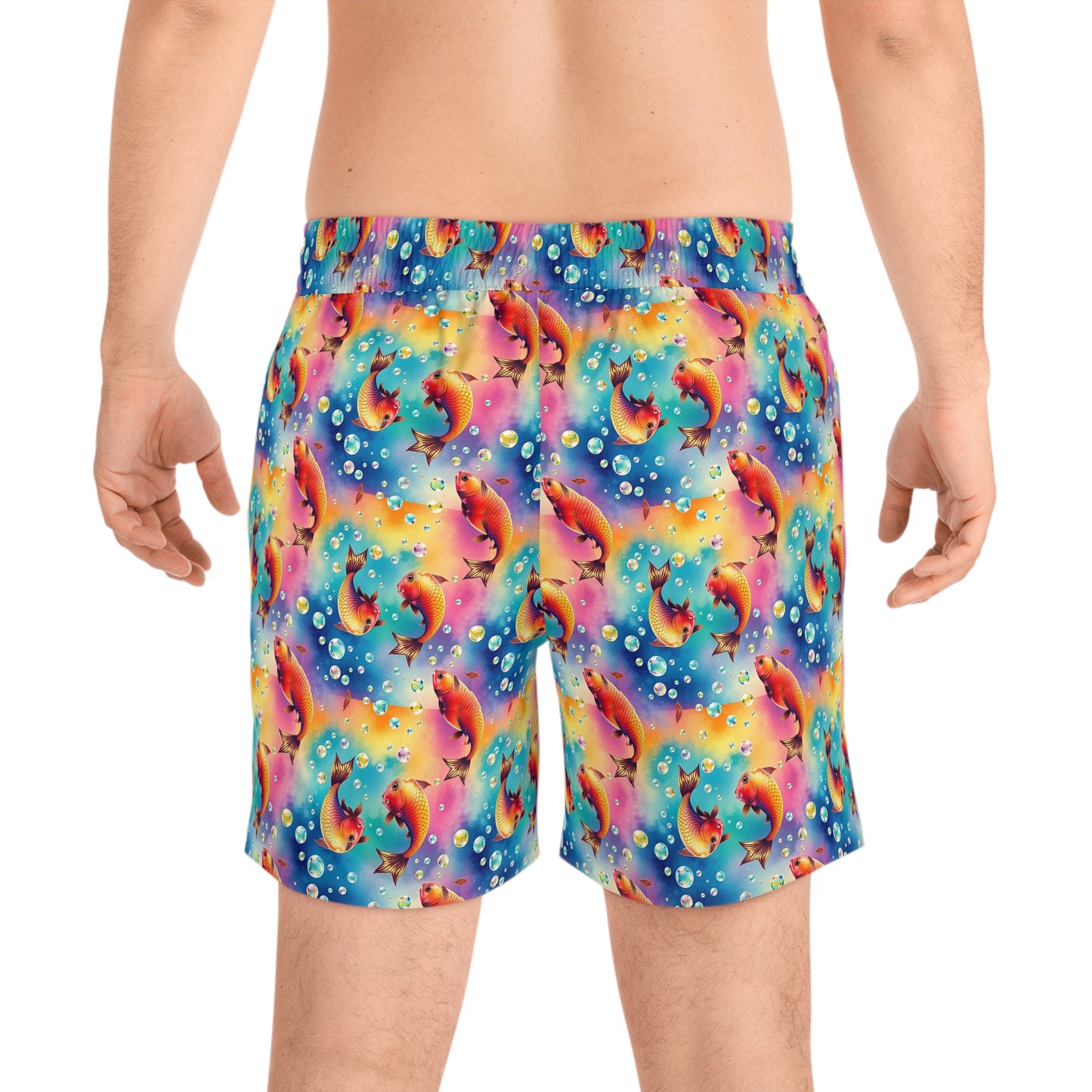 Men's Mid-Length Swim Shorts, (AOP), Pisces, Zodiac v1, Bubble Pattern