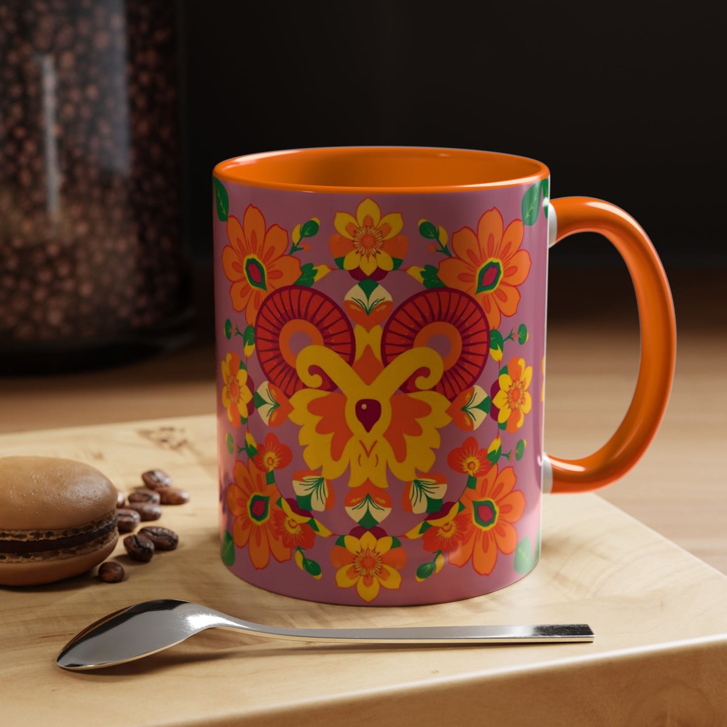 Accent Coffee Mug, Aries, Zodiac v1, Flower Pattern, (11, 15oz)