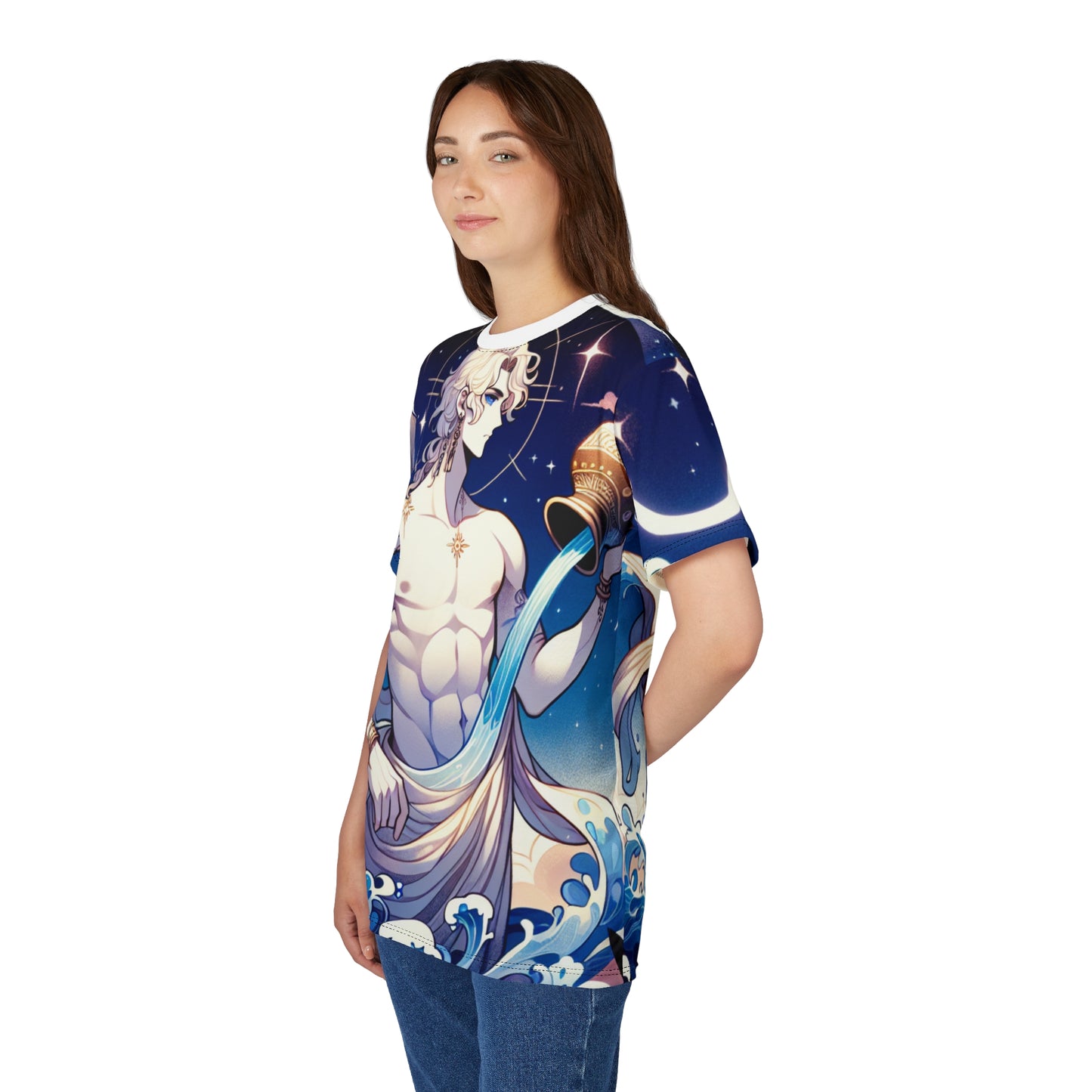 Unisex Cut & Sew T-Shirt (AOP), Anime Character, Aquarius Zodiac Design, Regular fit, 100% Polyester