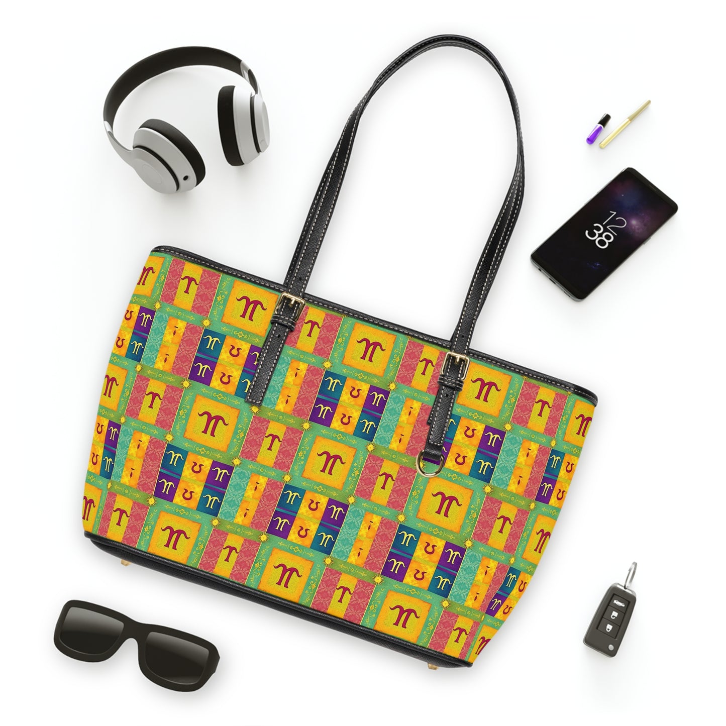 Leather Shoulder Bag, Aquarius, Zodiac, Shapes Pattern