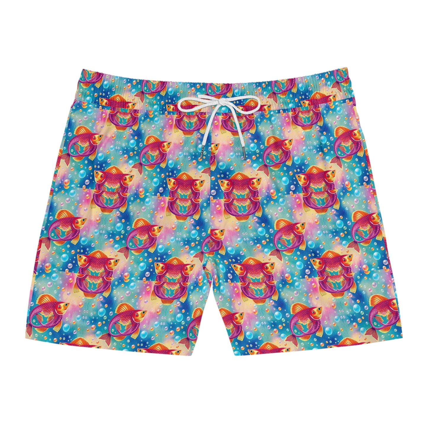 Men's Mid-Length Swim Shorts, (AOP), Pisces, Zodiac v3, Bubble Pattern