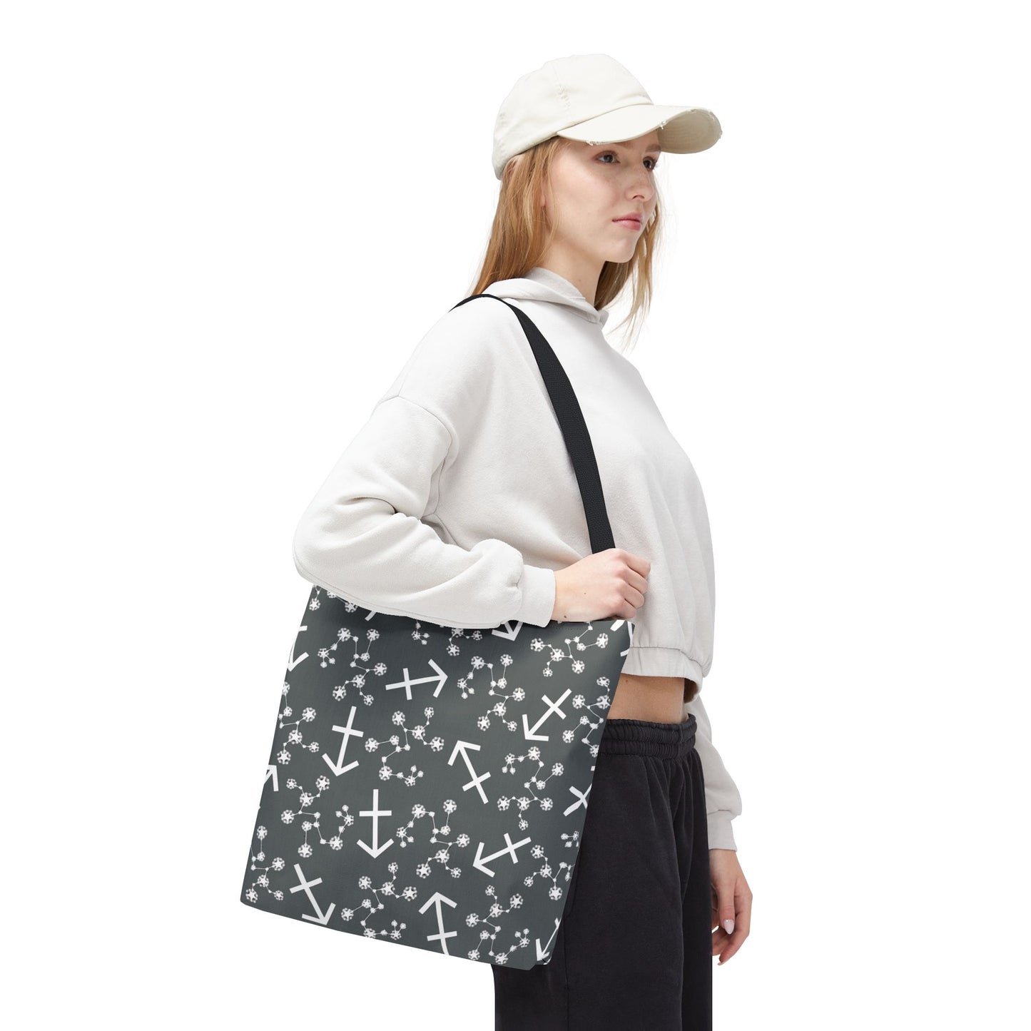 Tote Bag, Sagittarius Zodiac Sign, AOP, (Grey, White Print)