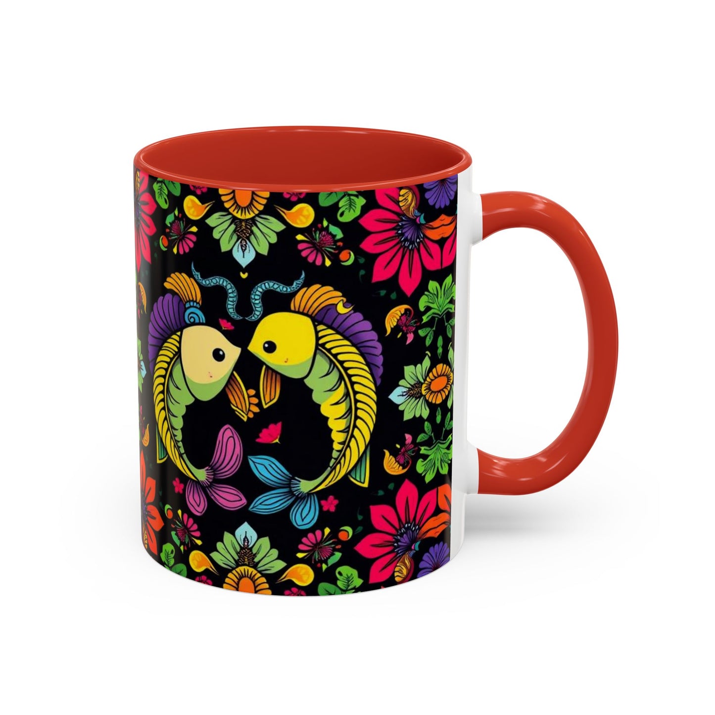 Accent Coffee Mug, Pisces, Zodiac v3, Flower Pattern, (11, 15oz)