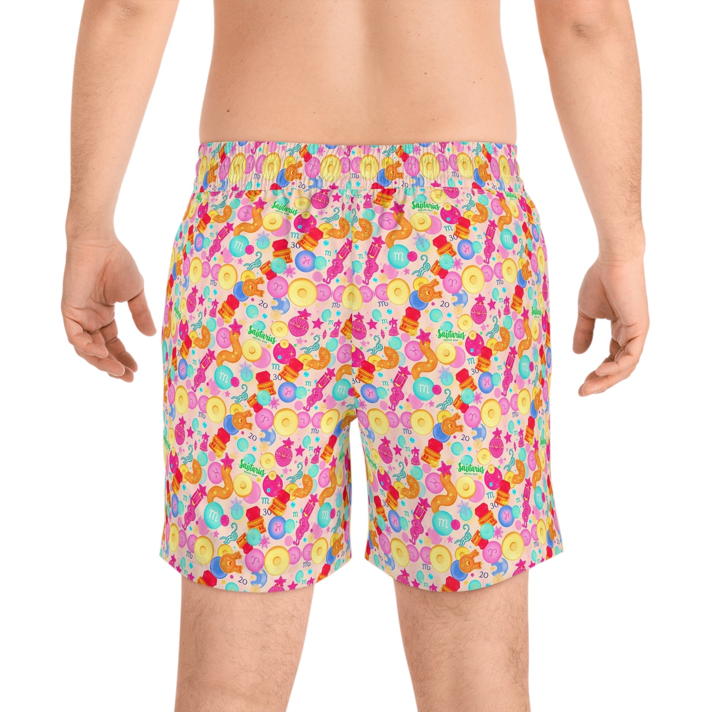 Men's Mid-Length Swim Shorts, (AOP), Sagittarius, Zodiac v1, Bubble Pattern
