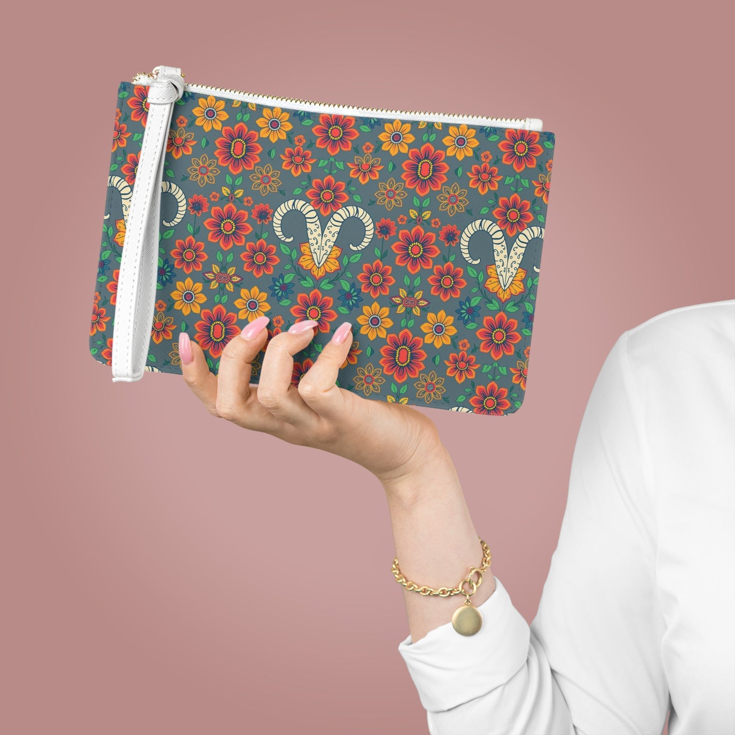 Clutch Bag, Aries, Zodiac v1, Flower Pattern