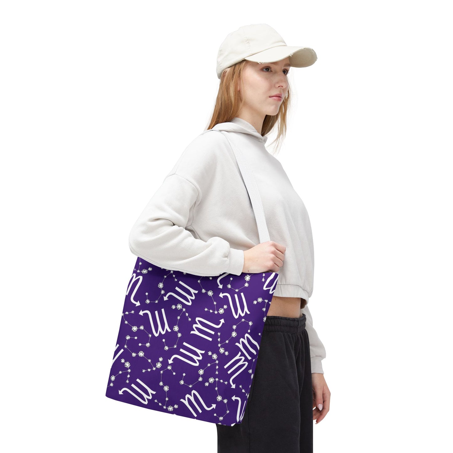Tote Bag, Scorpio Zodiac Sign, AOP, (Purple, White)