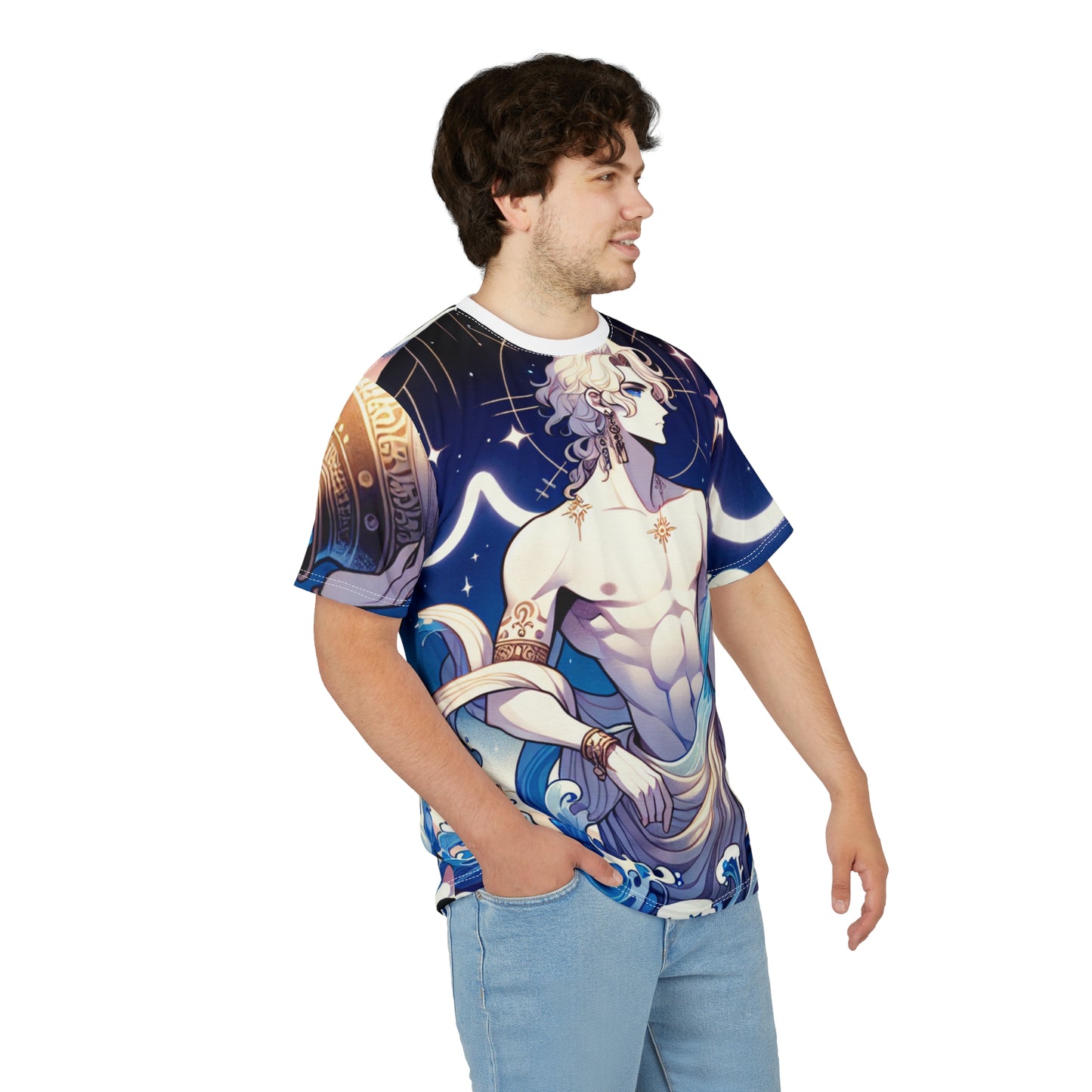 Unisex Cut & Sew T-Shirt (AOP), Anime Character, Aquarius Zodiac Design, Regular fit, 100% Polyester