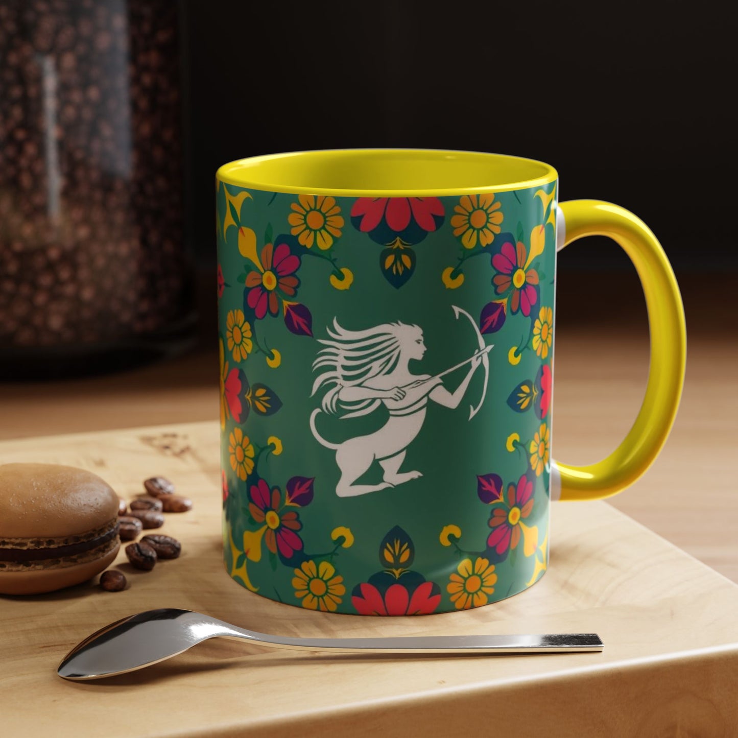 Accent Coffee Mug, Sagittarius, Zodiac. Flower Pattern, (11, 15oz)