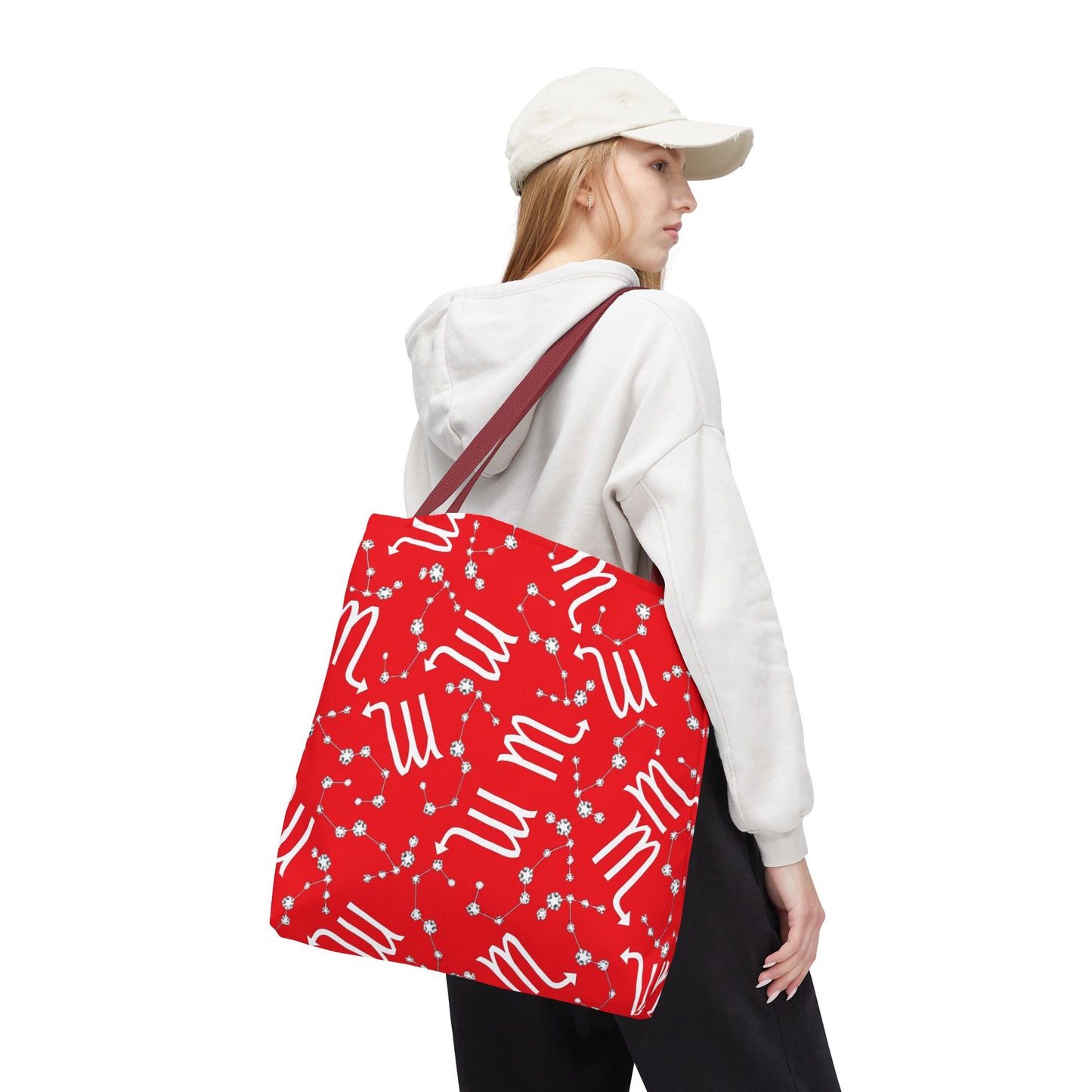 Tote Bag, Scorpio Zodiac Sign, AOP, (Red, White)