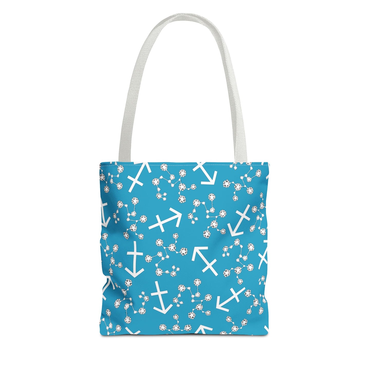 Tote Bag, Sagittarius Zodiac Sign, AOP, (Turquoise, White Print)