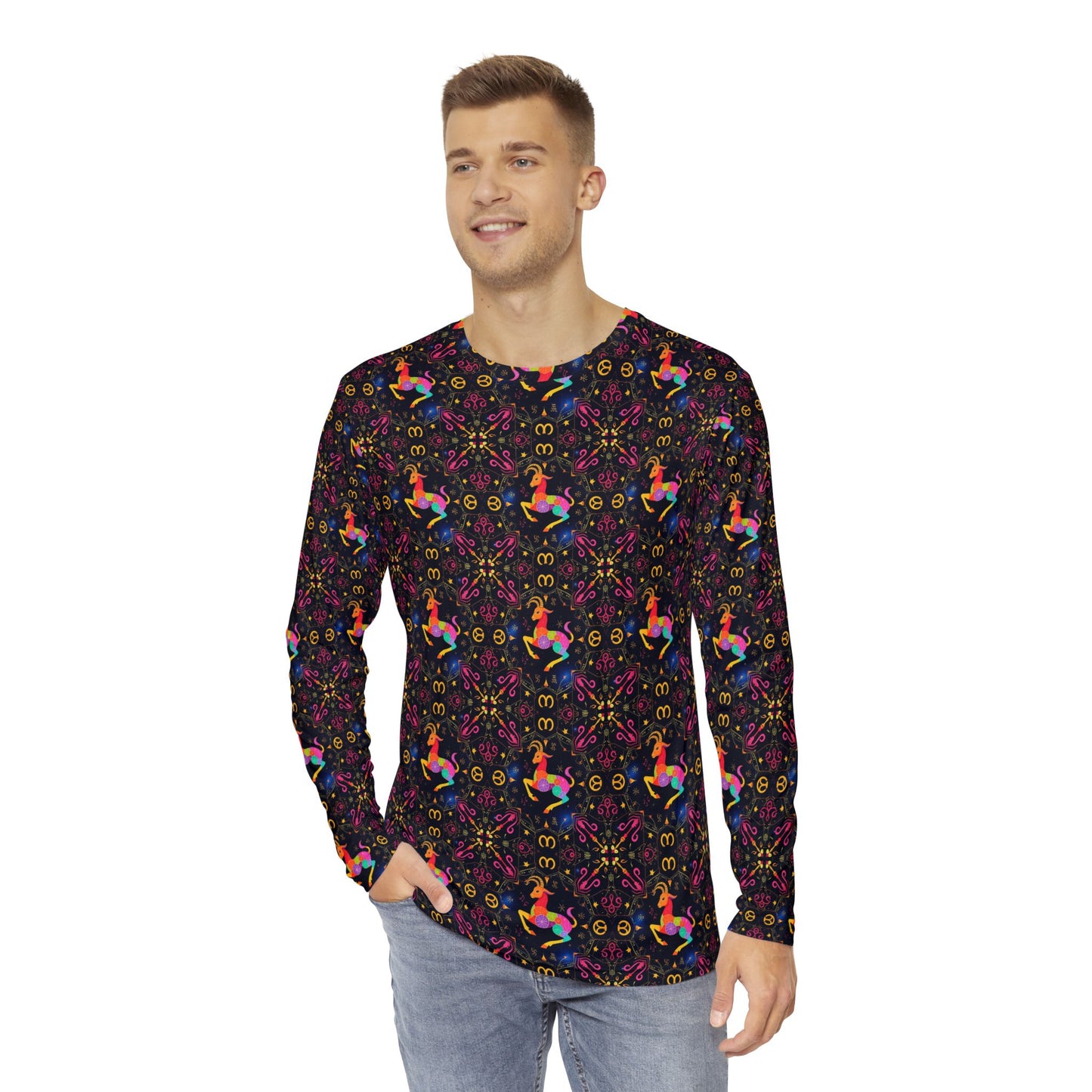 Men's Long Sleeve Shirt, (AOP), Capricorn, Zodiac v2, Pattern