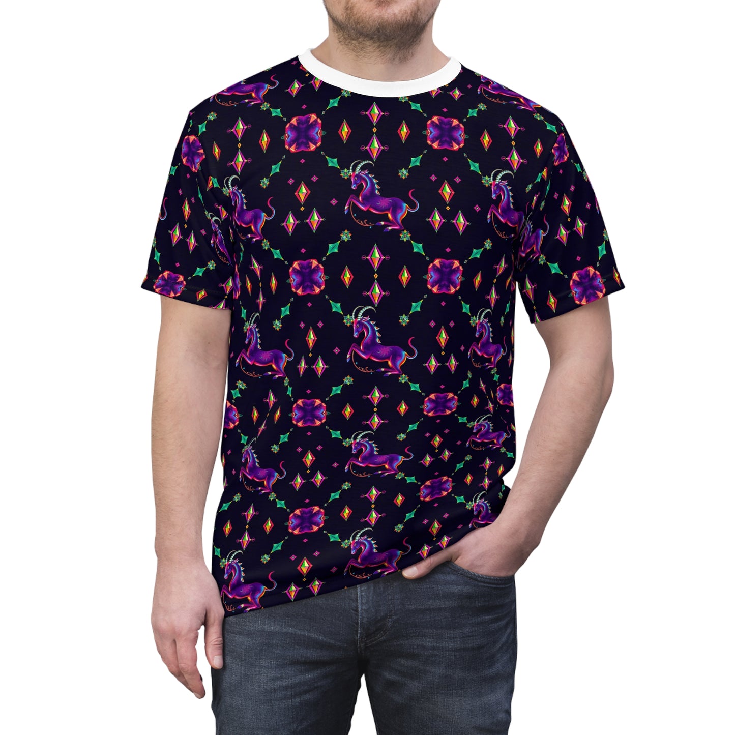 Unisex Cut & Sew T-Shirt, (AOP), Capricorn, Zodiac v1, Jewels Pattern