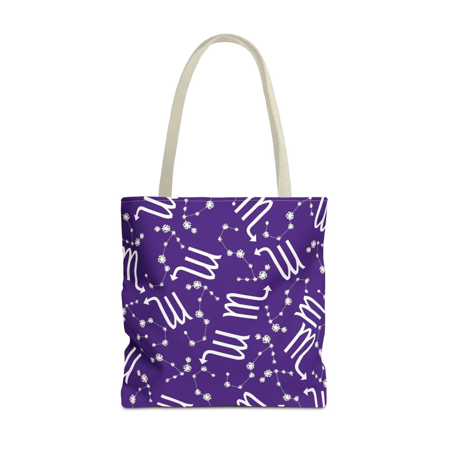 Tote Bag, Scorpio Zodiac Sign, AOP, (Purple, White)