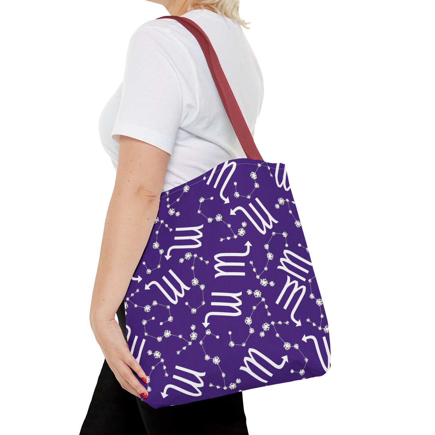 Tote Bag, Scorpio Zodiac Sign, AOP, (Purple, White)