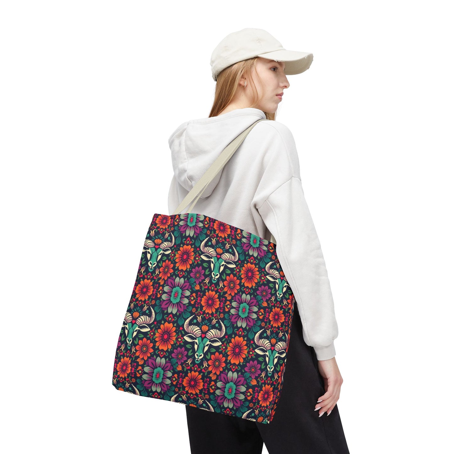 Tote Bag, (AOP), Taurus, Zodiac, Flower Pattern