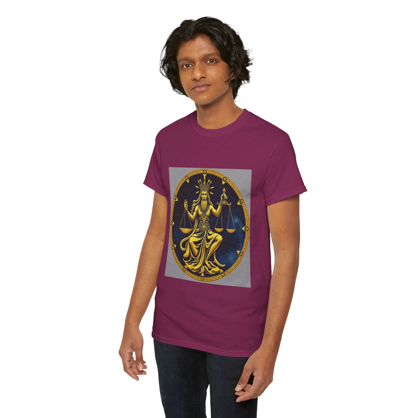 Unisex Heavy Cotton T-Shirt, Gold Libra God, Zodiac Design