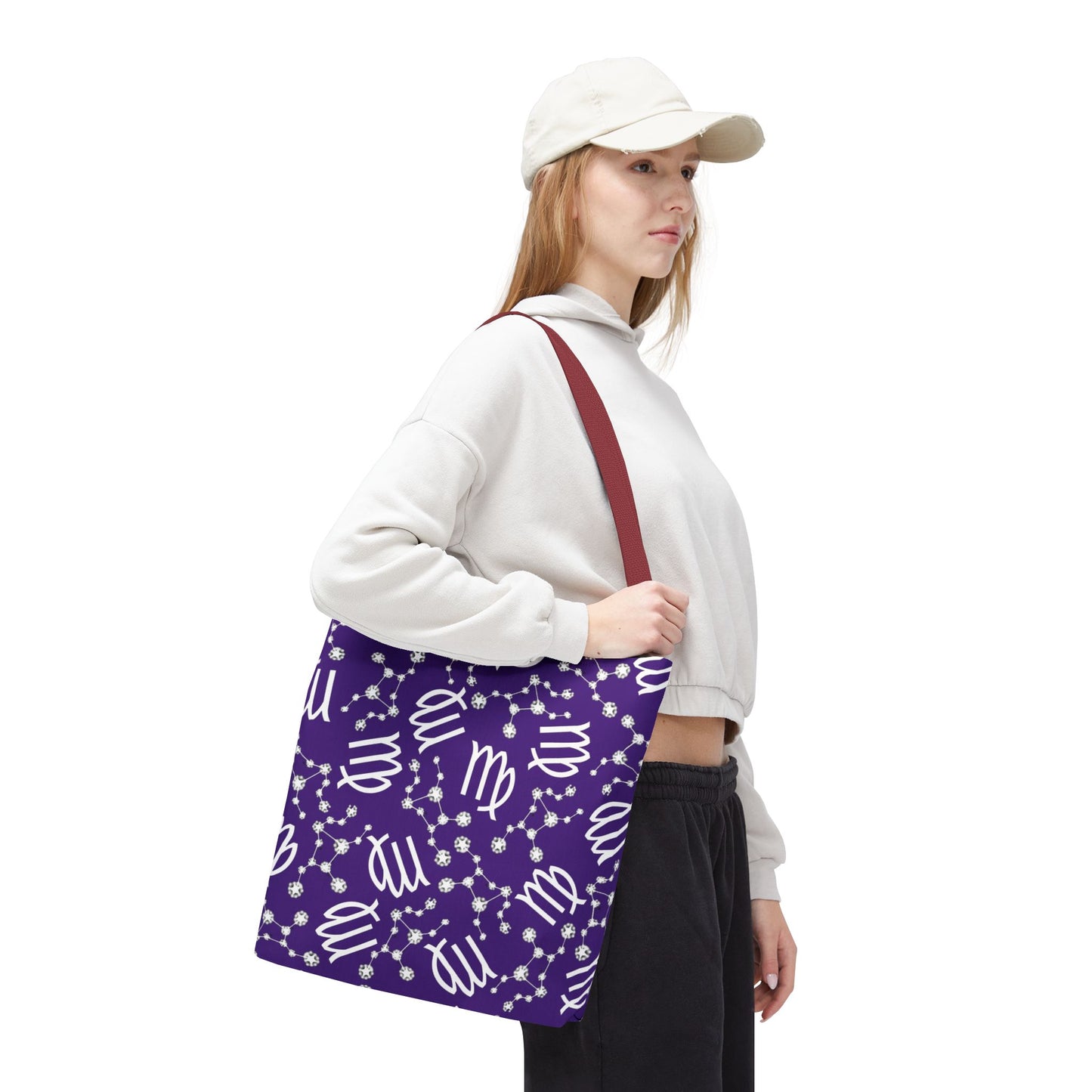 Tote Bag, Virgo Zodiac Sign, AOP, (Purple, White)