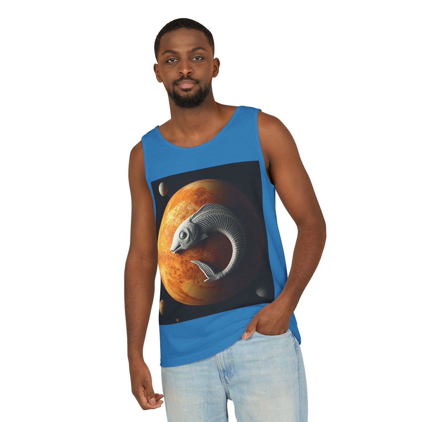 Unisex Garment-Dyed, Tank Top, Pisces Design, Space Animal, 100% US cotton