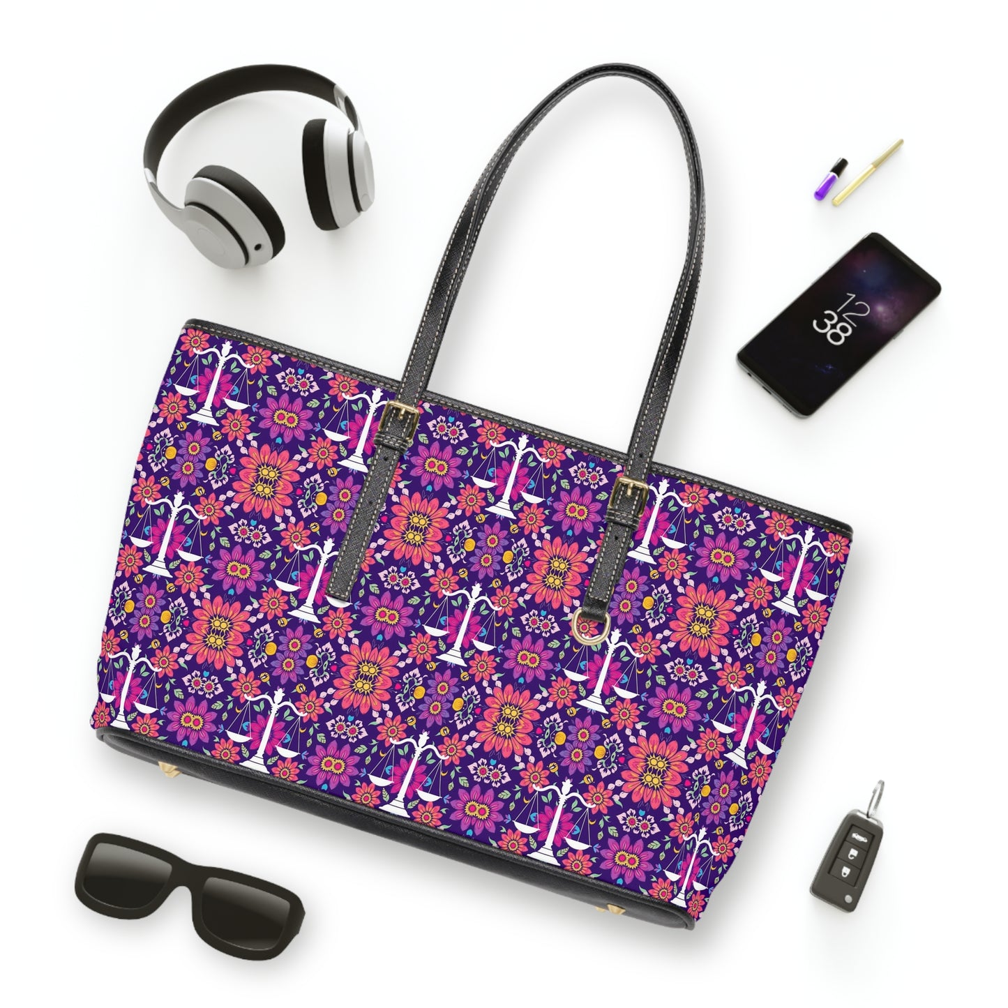 Leather Shoulder Bag, Libra, Zodiac v2, Flower Pattern