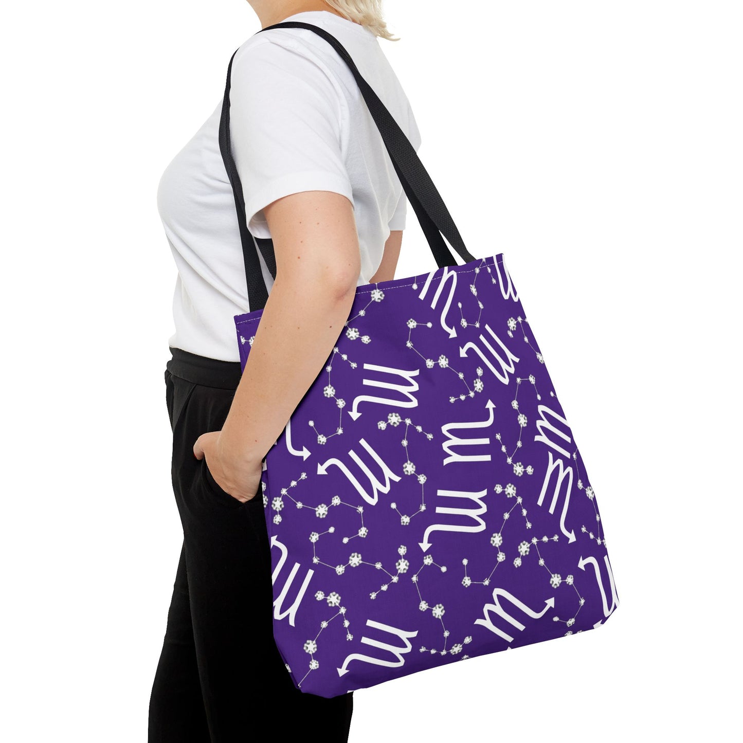 Tote Bag, Scorpio Zodiac Sign, AOP, (Purple, White)