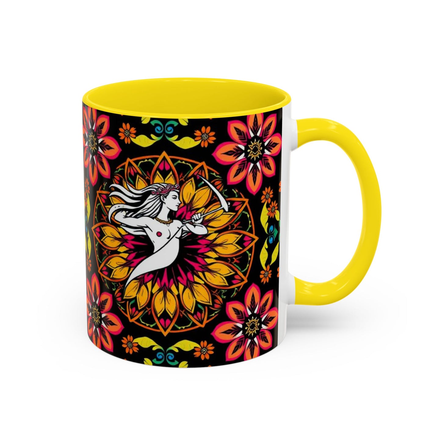 Accent Coffee Mug, Sagittarius, Zodiac v2. Flower Pattern, (11, 15oz)