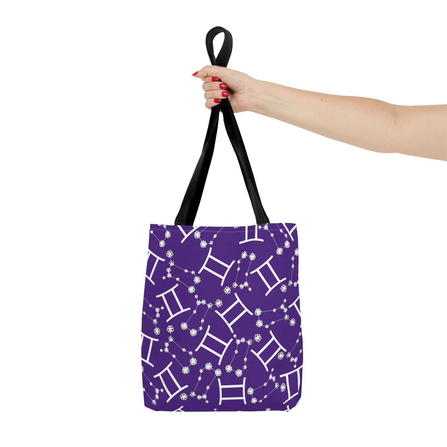 Tote Bag, Gemini Zodiac Sign, AOP, (Purple, White Print)